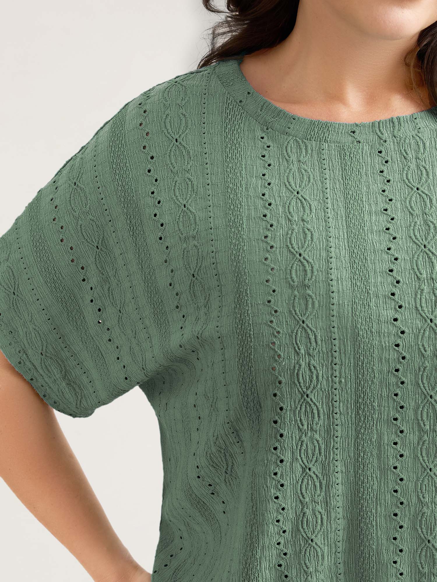 Eyelet Trim Stretchy Textured Plain Top - Image 10