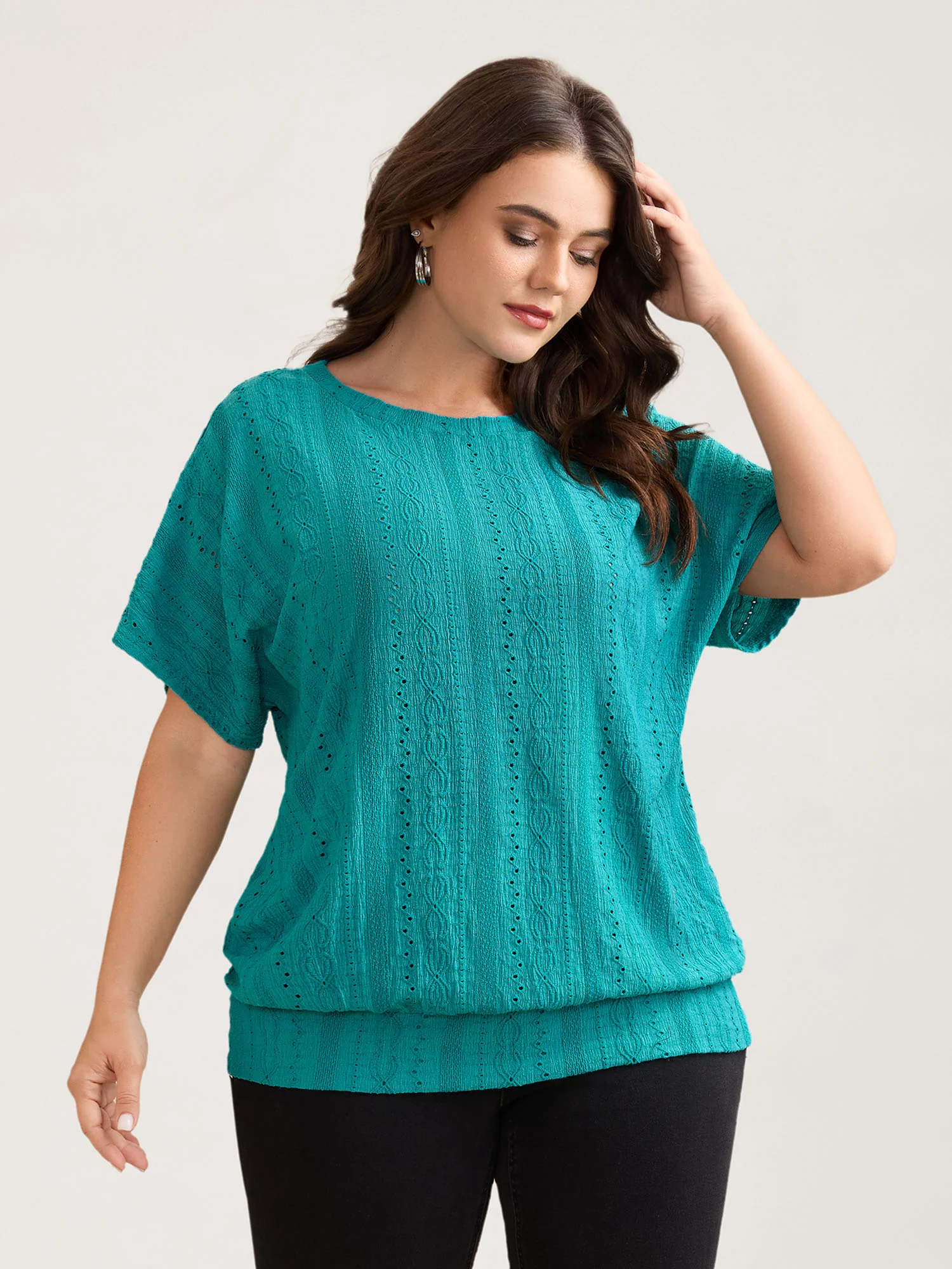 Eyelet Trim Stretchy Textured Plain Top - Image 12