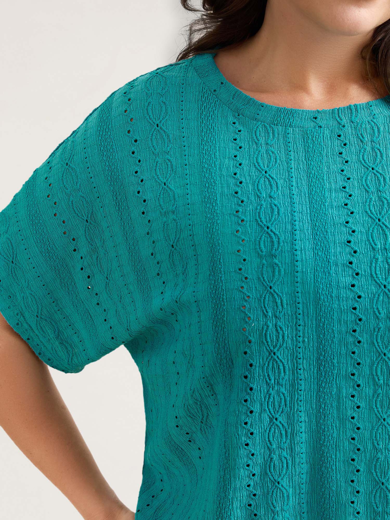 Eyelet Trim Stretchy Textured Plain Top - Image 14
