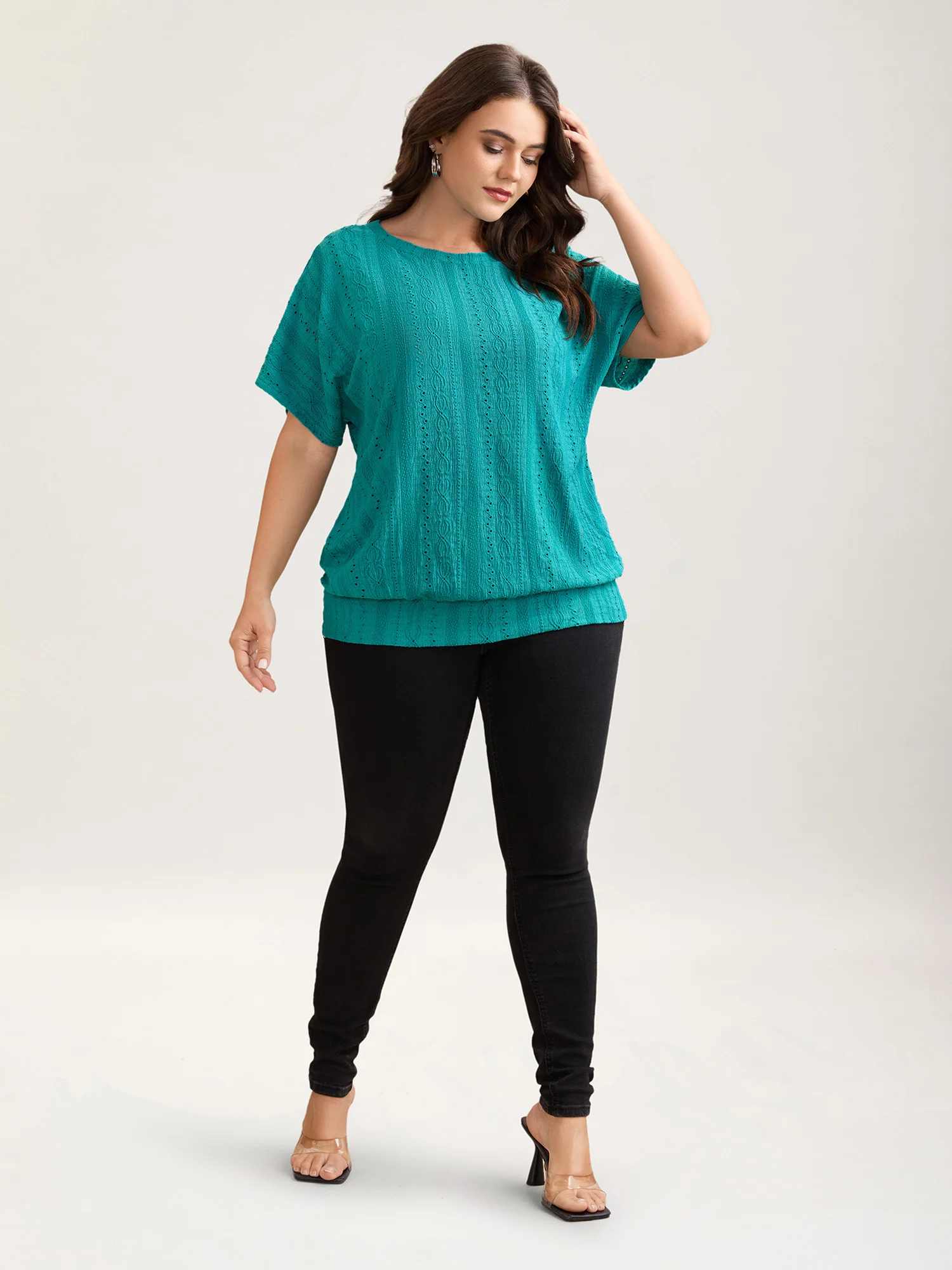 Eyelet Trim Stretchy Textured Plain Top - Image 15