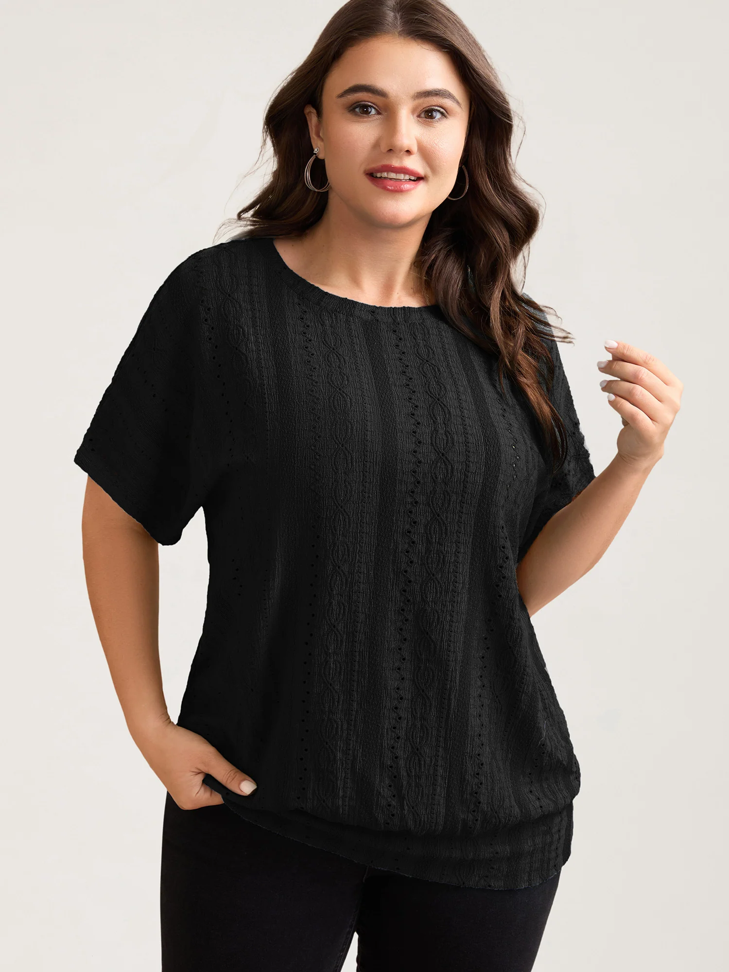 Eyelet Trim Stretchy Textured Plain Top - Image 18