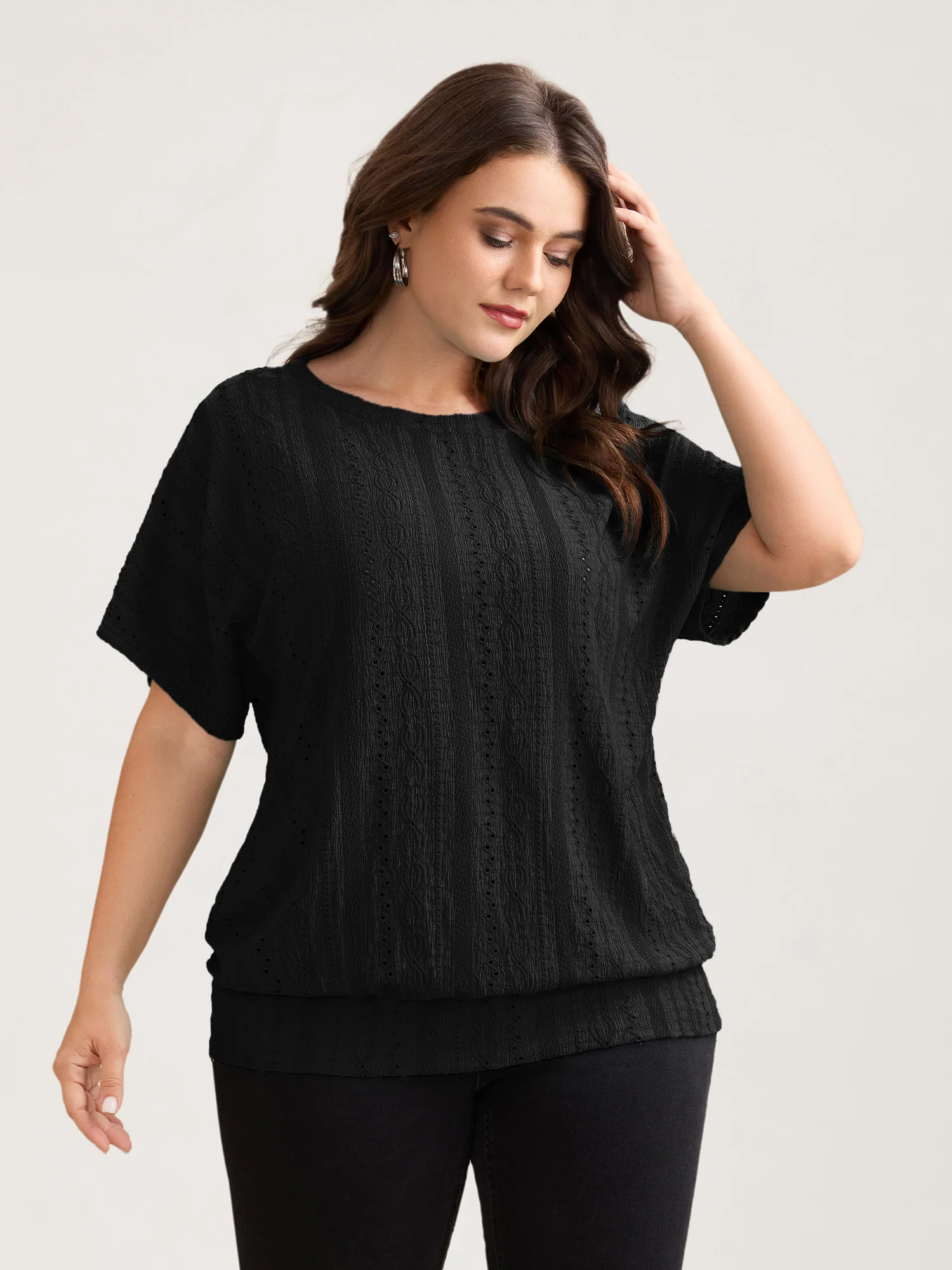 Eyelet Trim Stretchy Textured Plain Top - Image 19