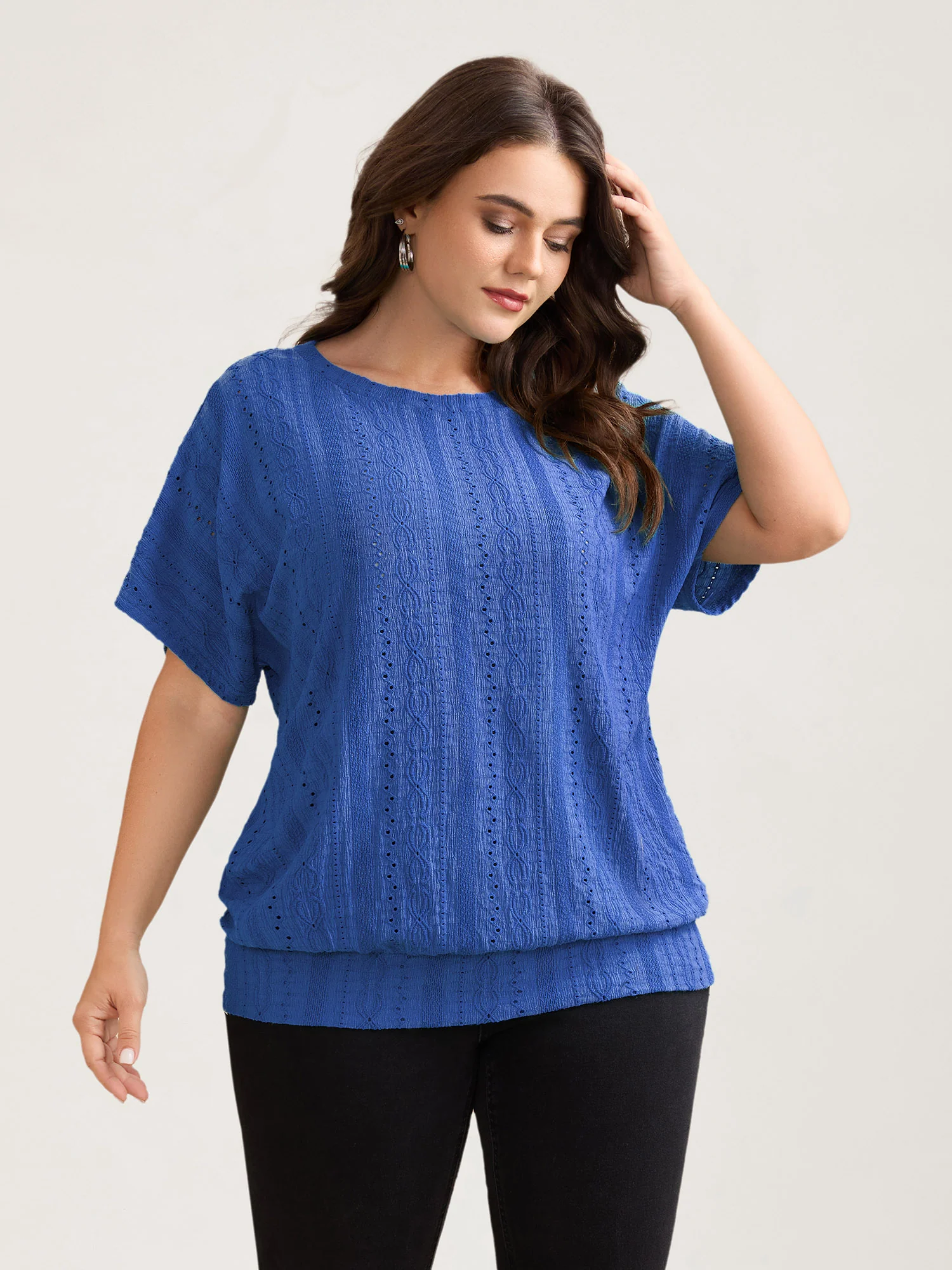 Eyelet Trim Stretchy Textured Plain Top - Image 2