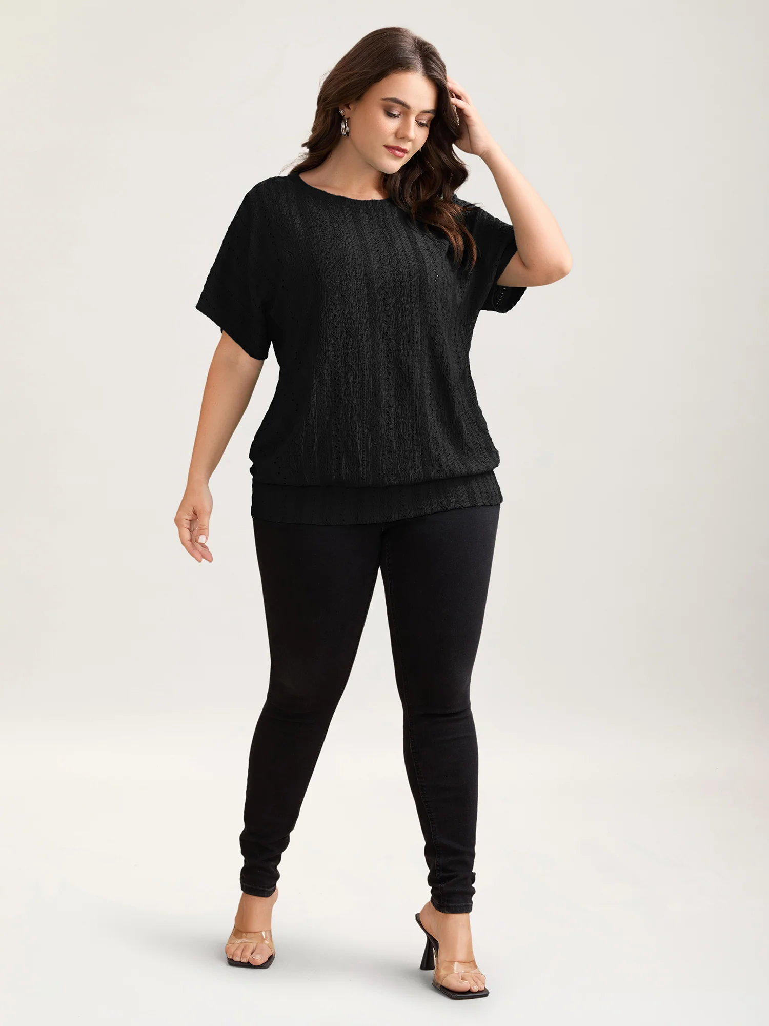 Eyelet Trim Stretchy Textured Plain Top - Image 21