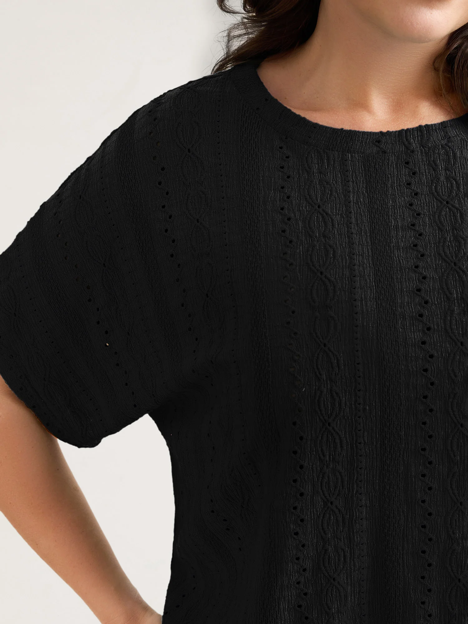 Eyelet Trim Stretchy Textured Plain Top - Image 22