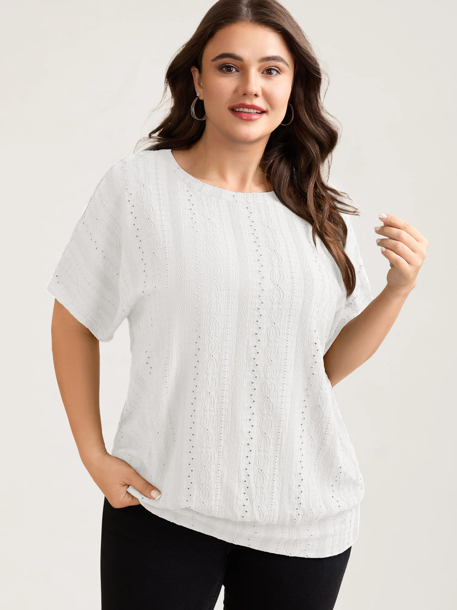 Eyelet Trim Stretchy Textured Plain Top - Image 23