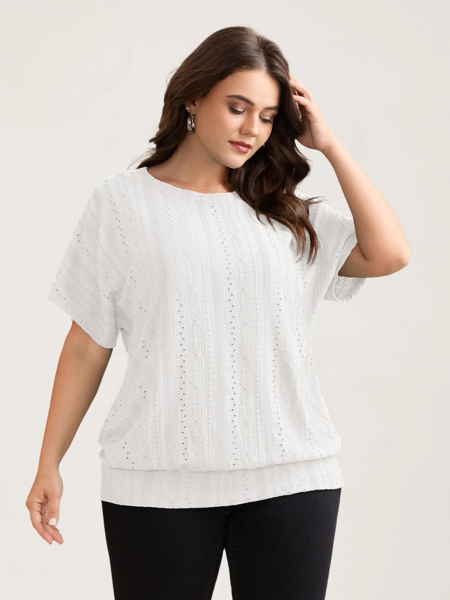 Eyelet Trim Stretchy Textured Plain Top - Image 24