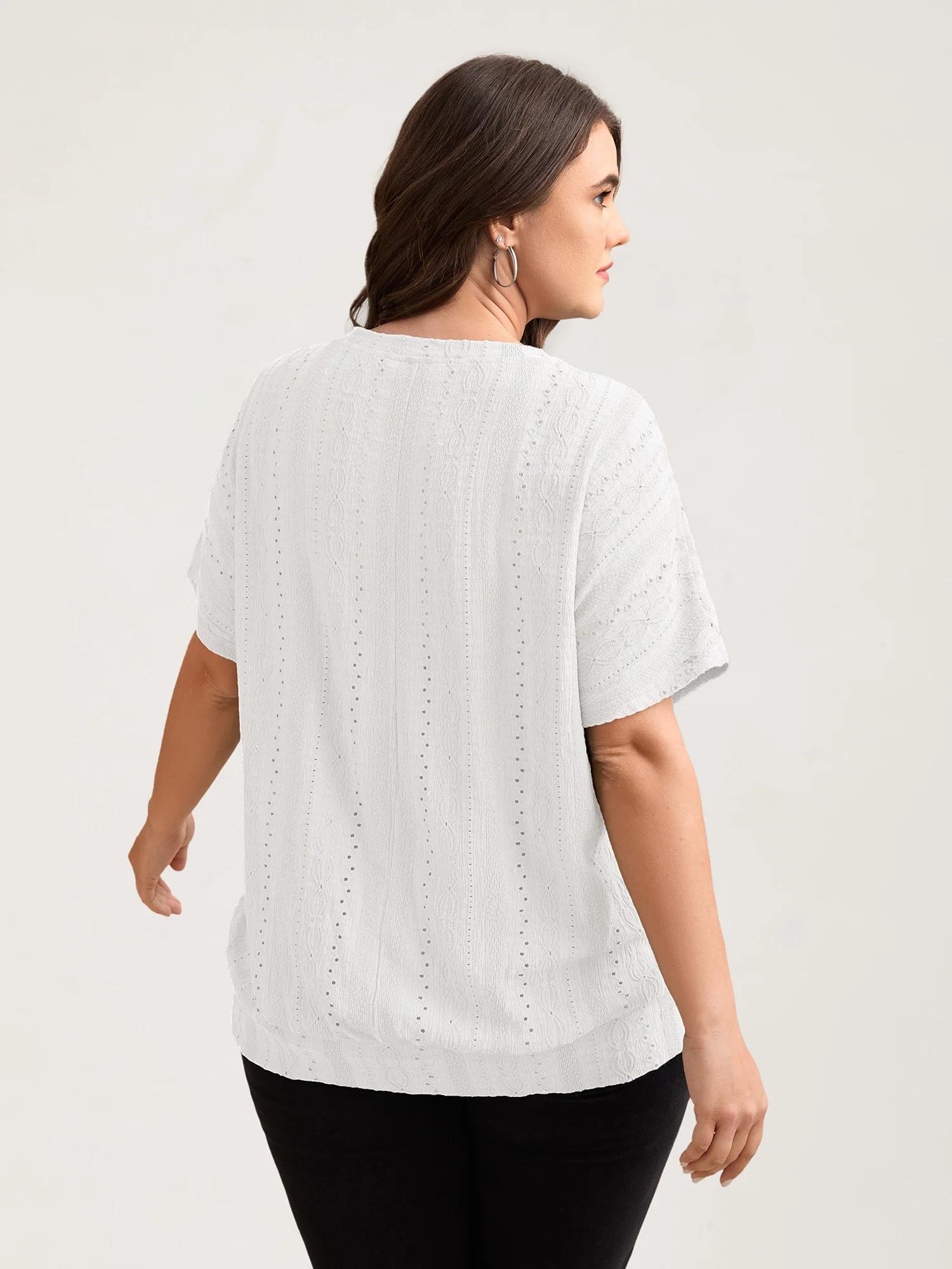 Eyelet Trim Stretchy Textured Plain Top - Image 25