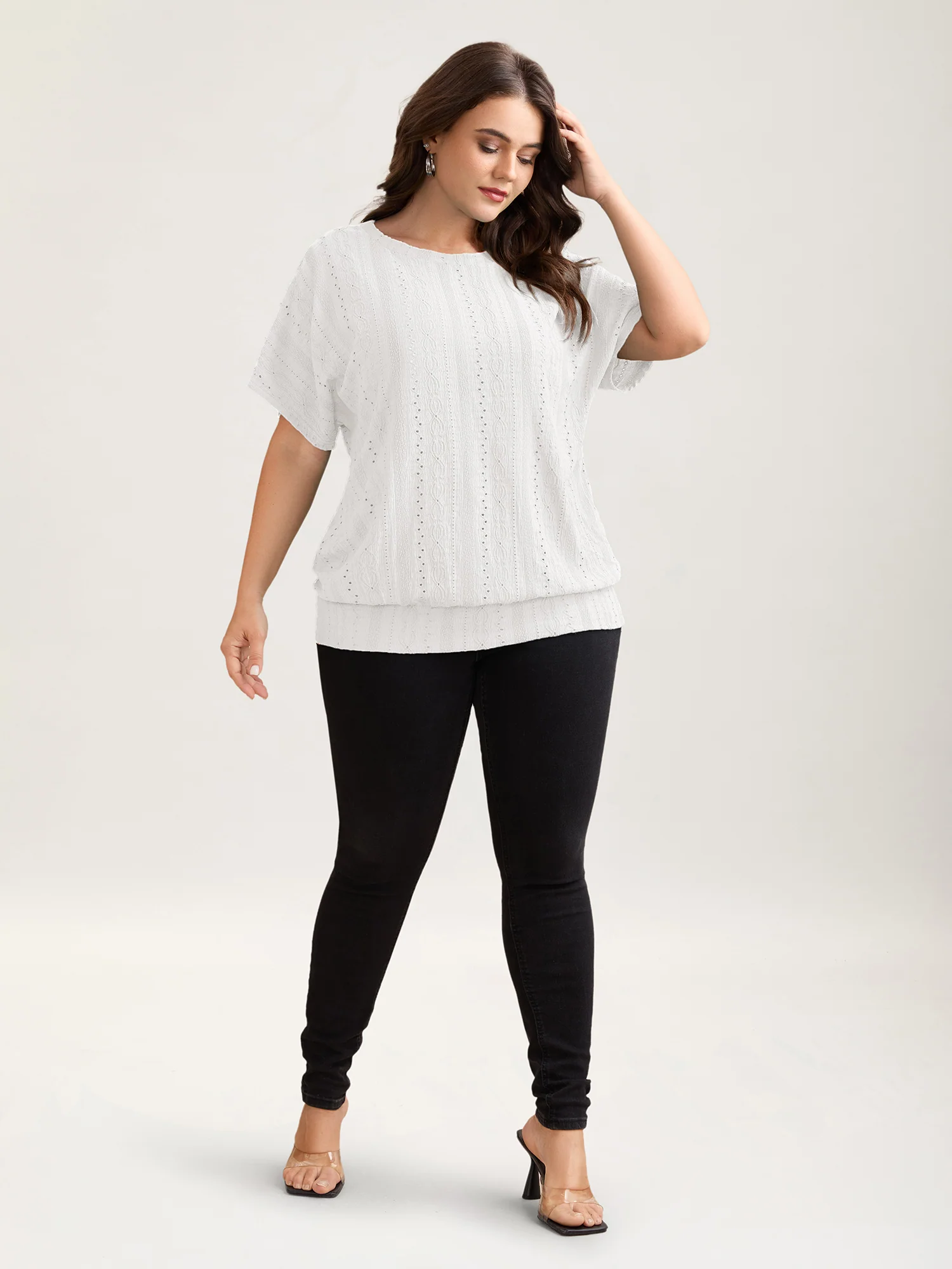 Eyelet Trim Stretchy Textured Plain Top - Image 26