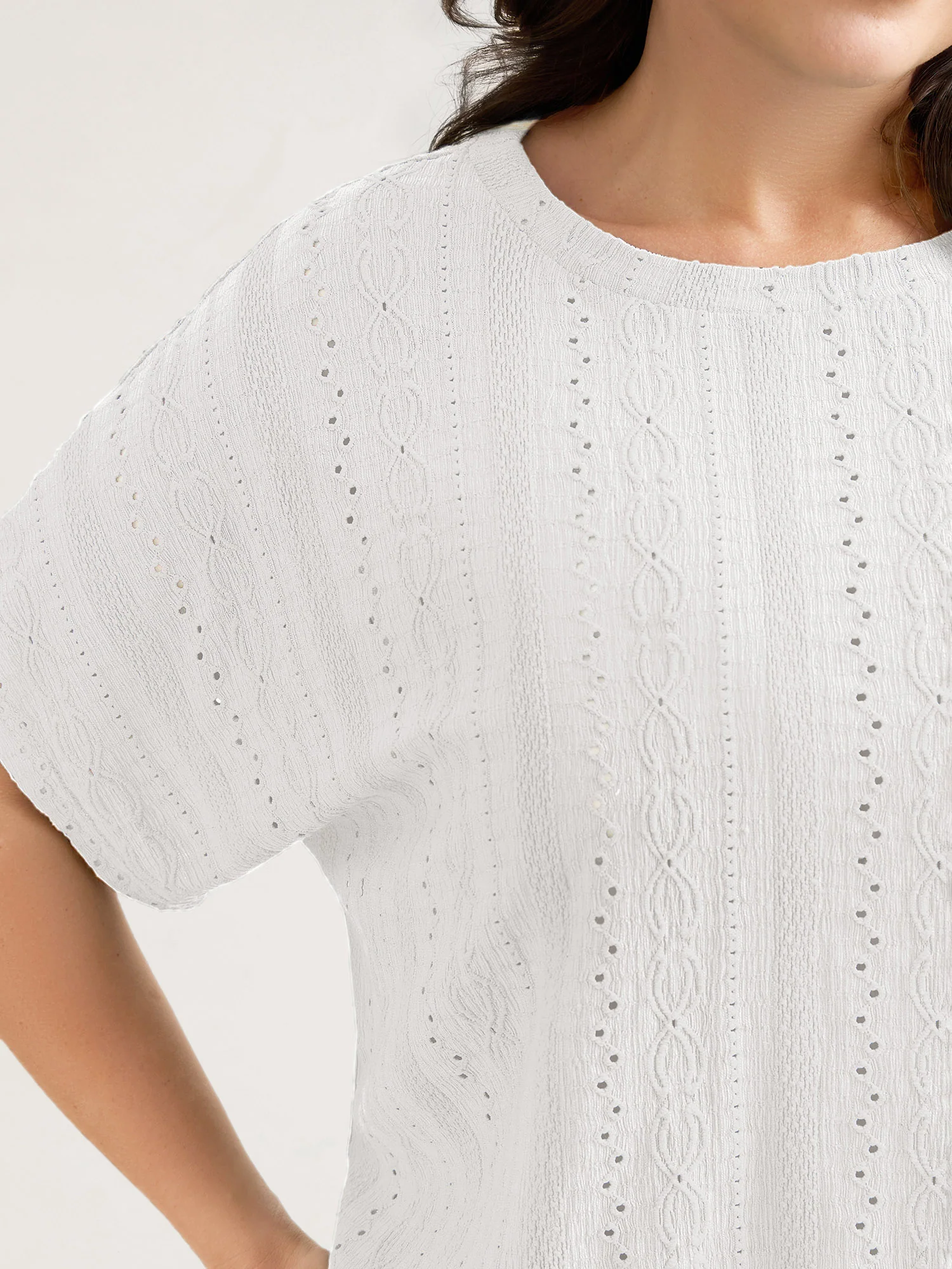 Eyelet Trim Stretchy Textured Plain Top - Image 27