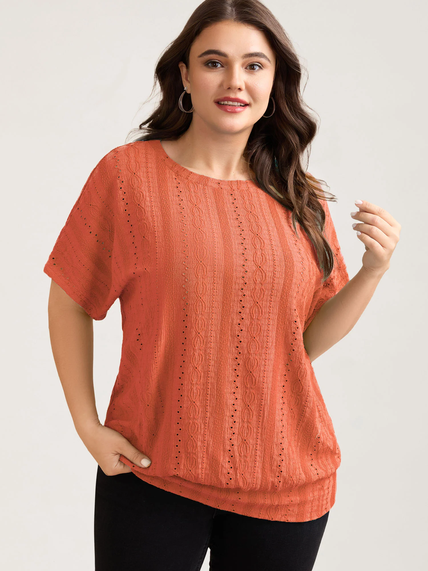 Eyelet Trim Stretchy Textured Plain Top - Image 28