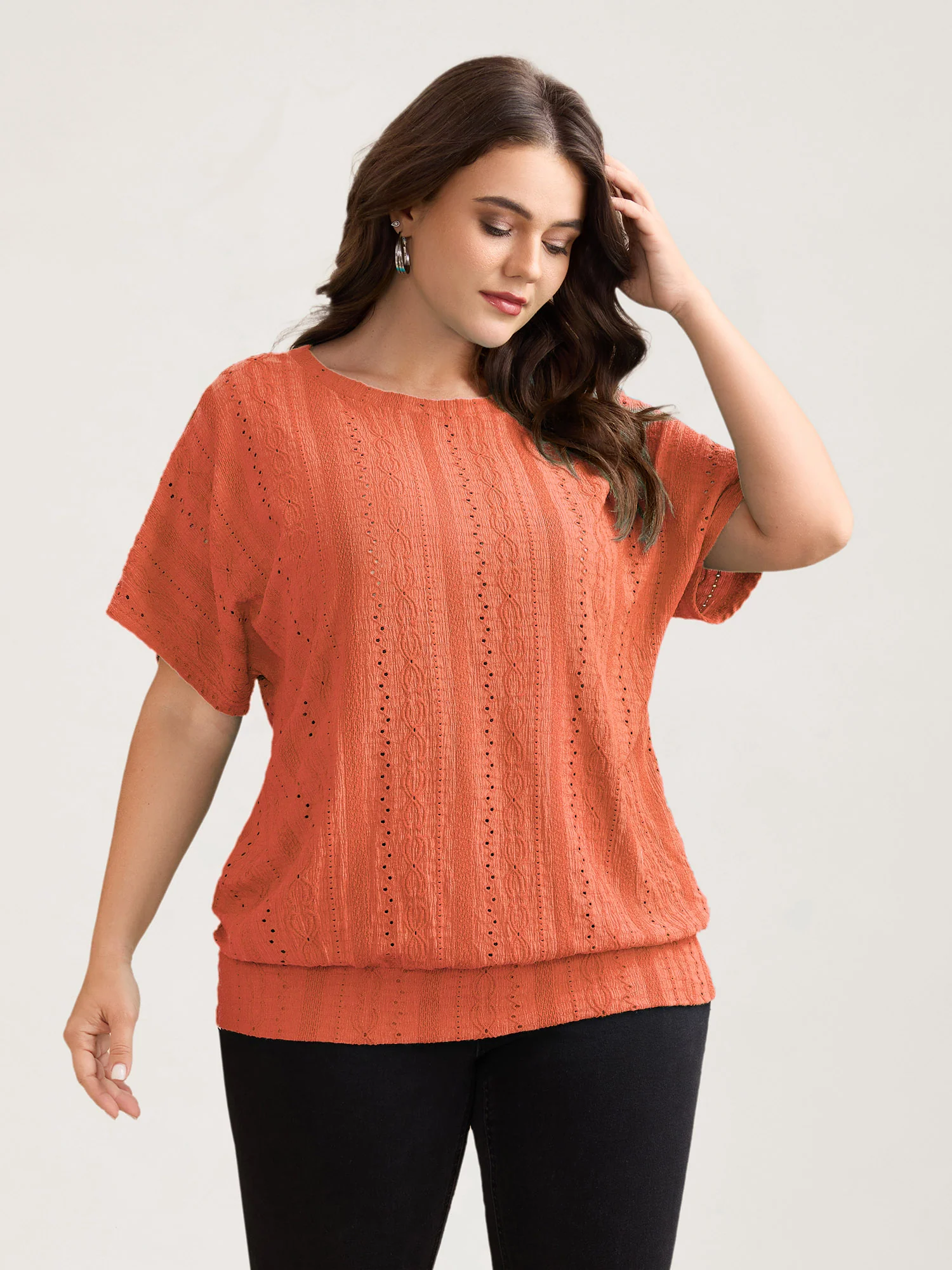 Eyelet Trim Stretchy Textured Plain Top - Image 29