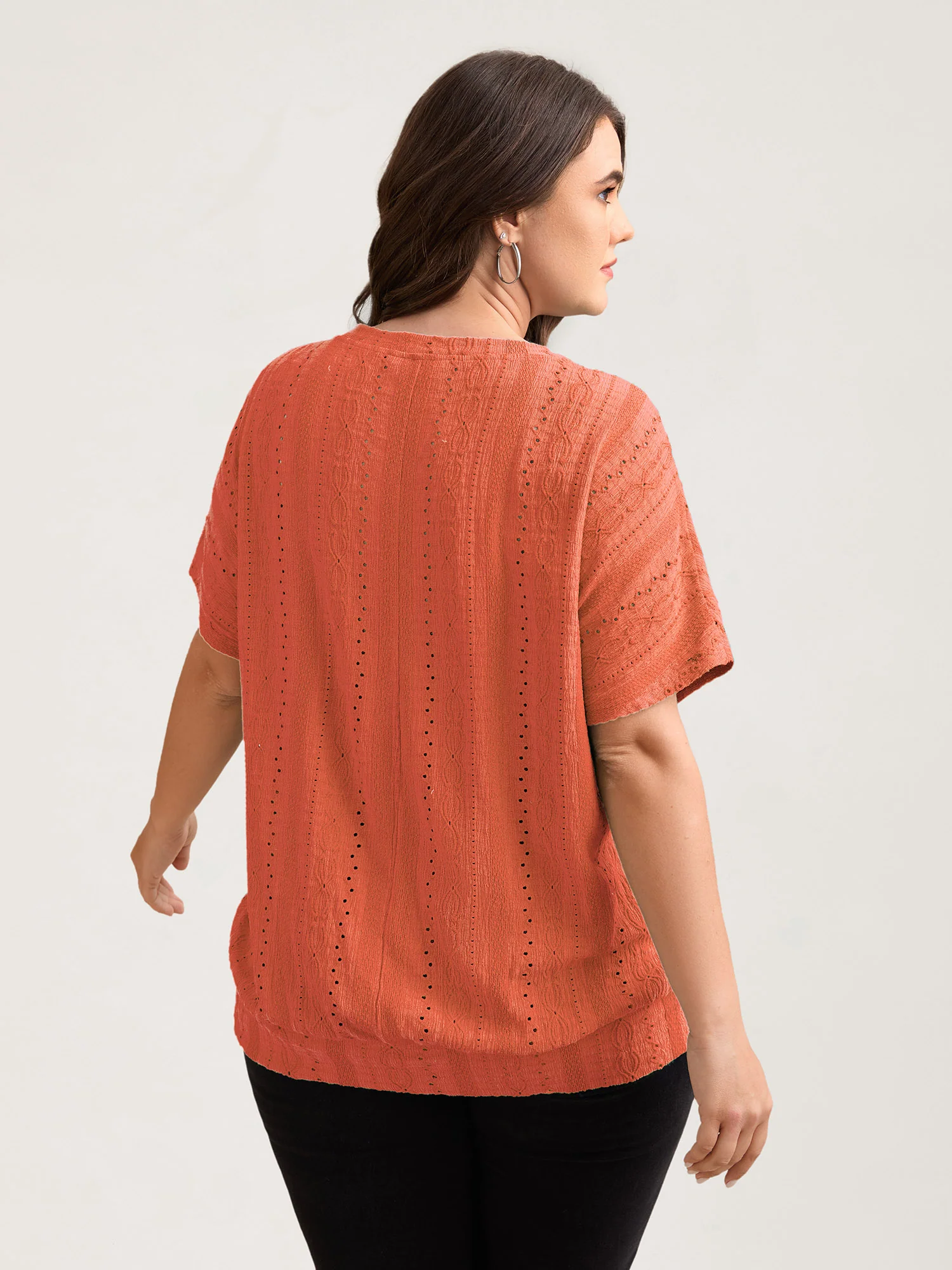 Eyelet Trim Stretchy Textured Plain Top - Image 30