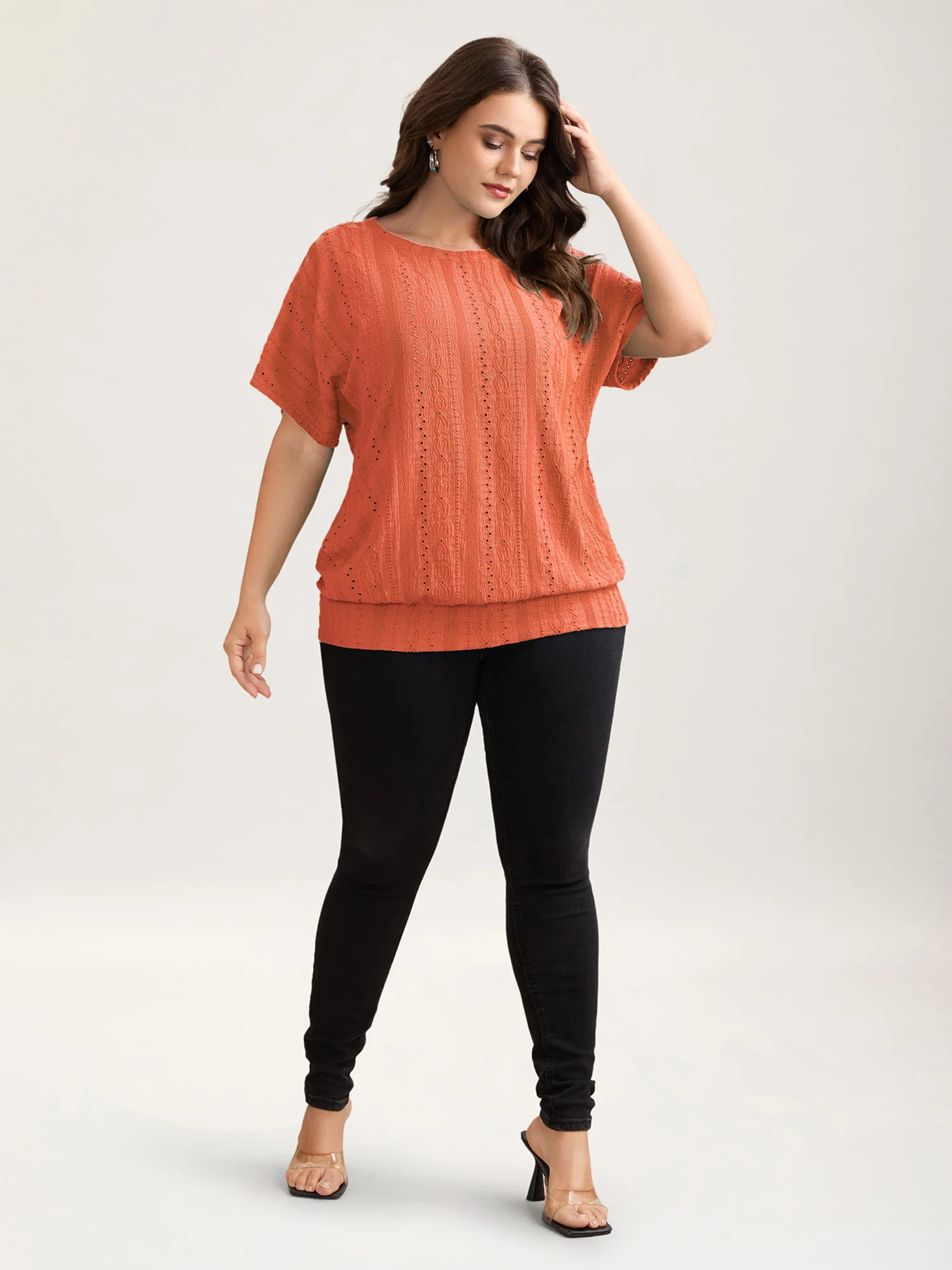 Eyelet Trim Stretchy Textured Plain Top - Image 31