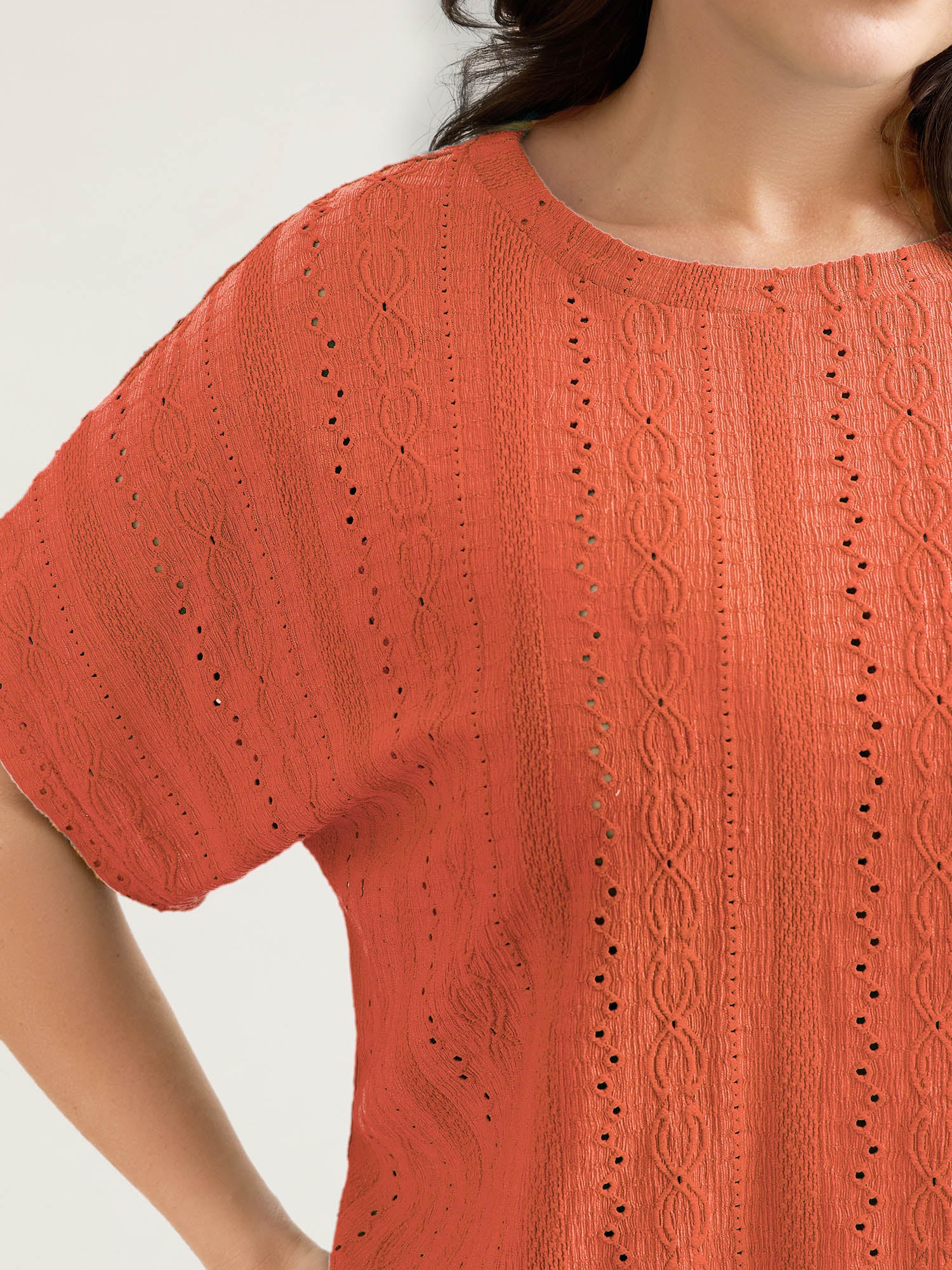 Eyelet Trim Stretchy Textured Plain Top - Image 32