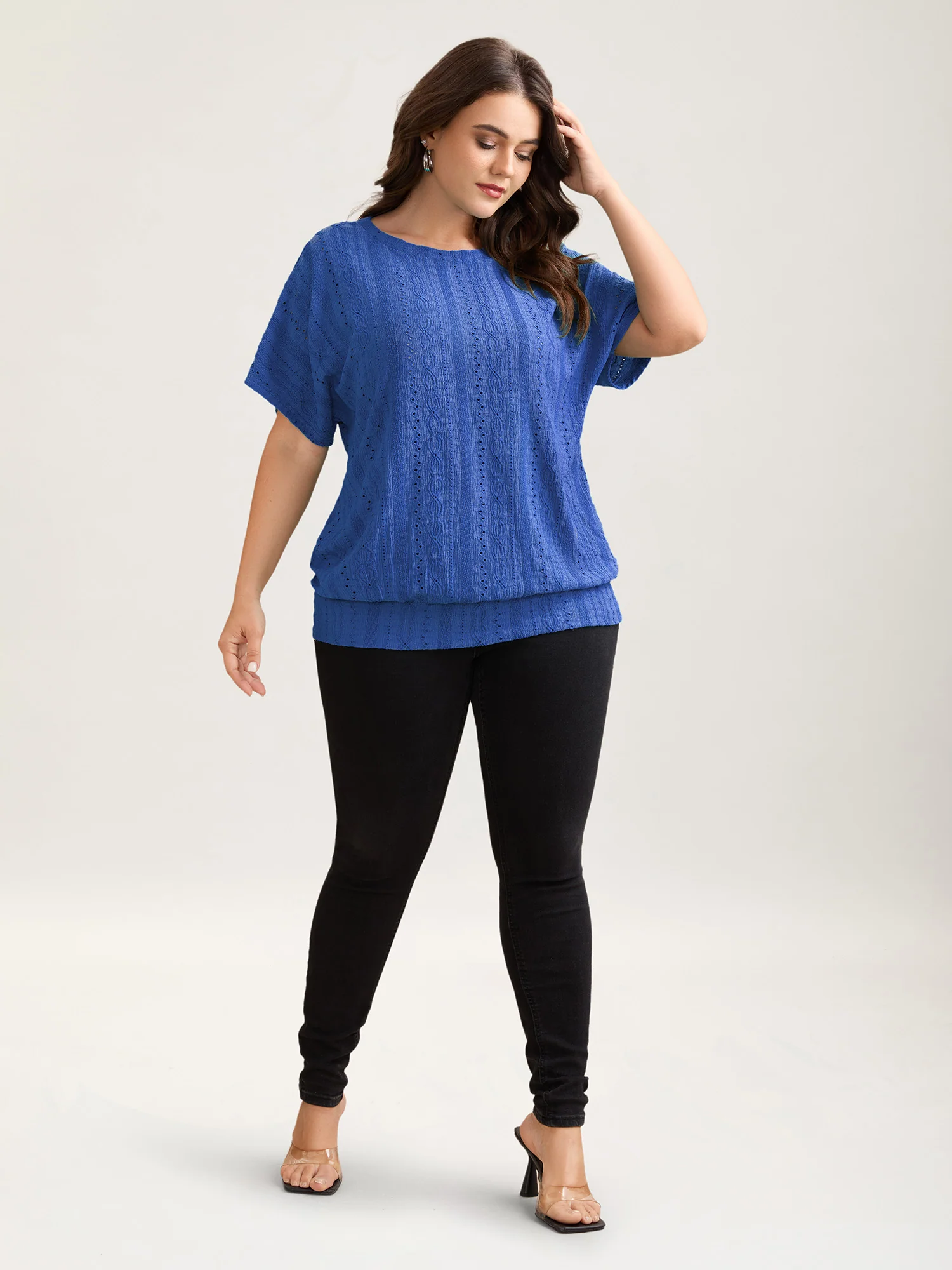 Eyelet Trim Stretchy Textured Plain Top - Image 4