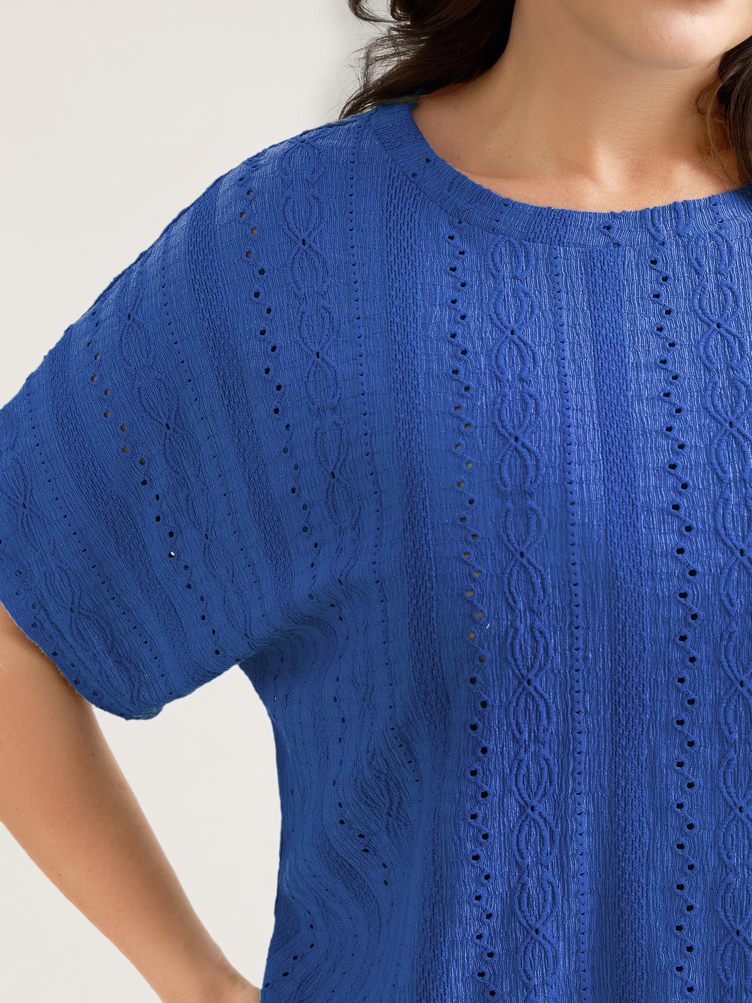 Eyelet Trim Stretchy Textured Plain Top - Image 5