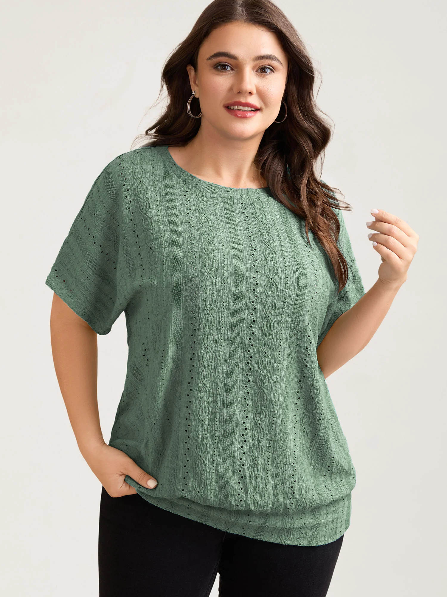 Eyelet Trim Stretchy Textured Plain Top - Image 6