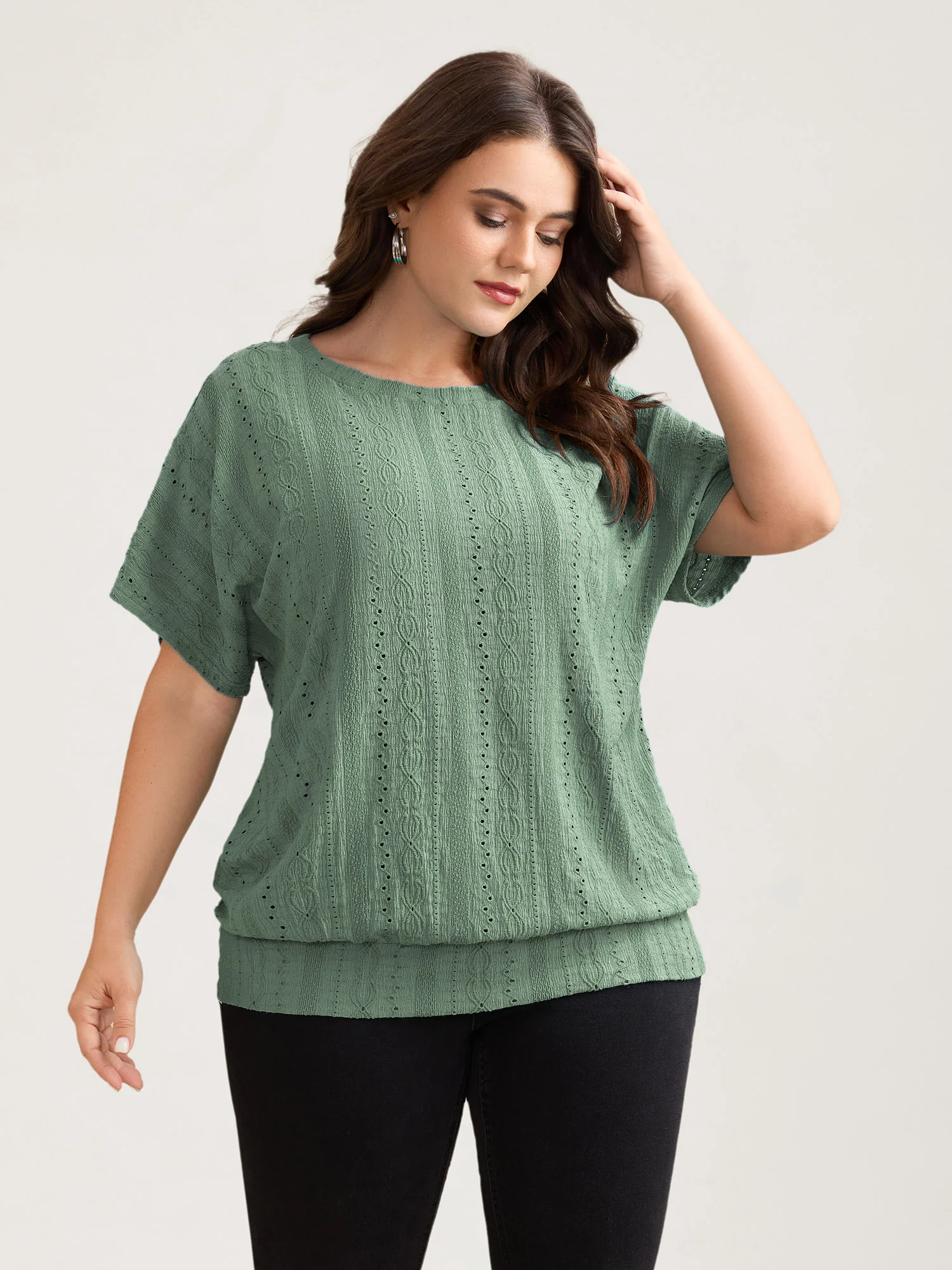 Eyelet Trim Stretchy Textured Plain Top - Image 7