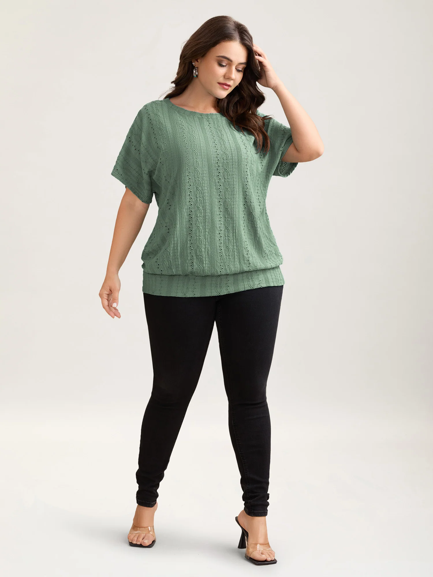 Eyelet Trim Stretchy Textured Plain Top - Image 9