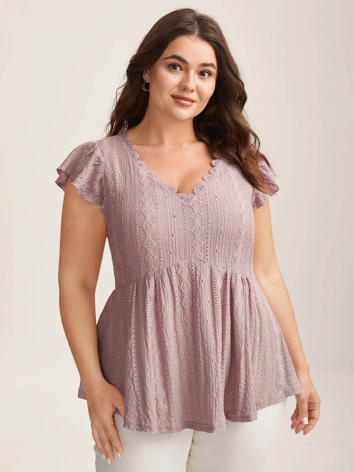 Eyelet Trim Textured Flutter Sleeve Top - Image 2