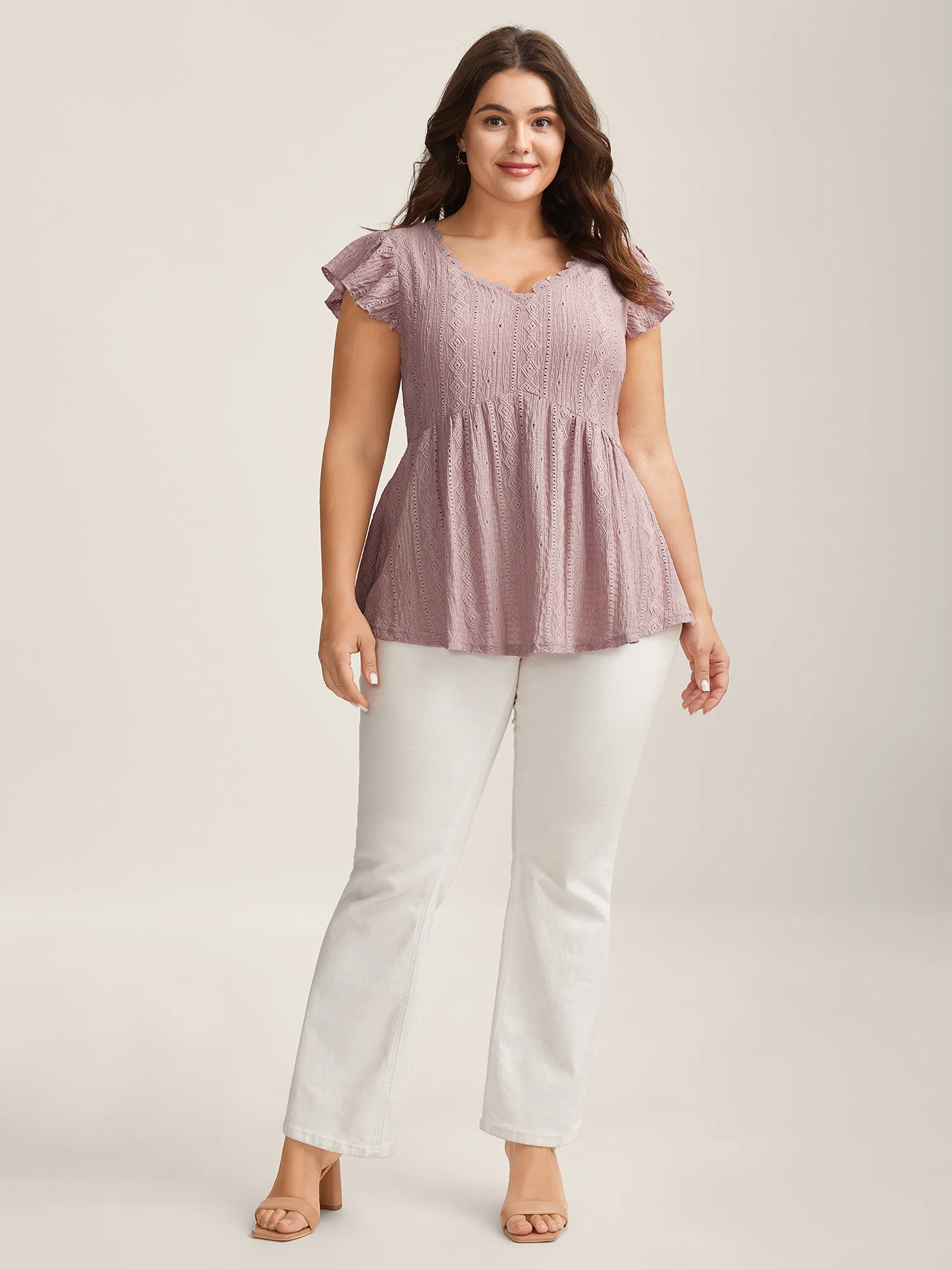Eyelet Trim Textured Flutter Sleeve Top - Image 4