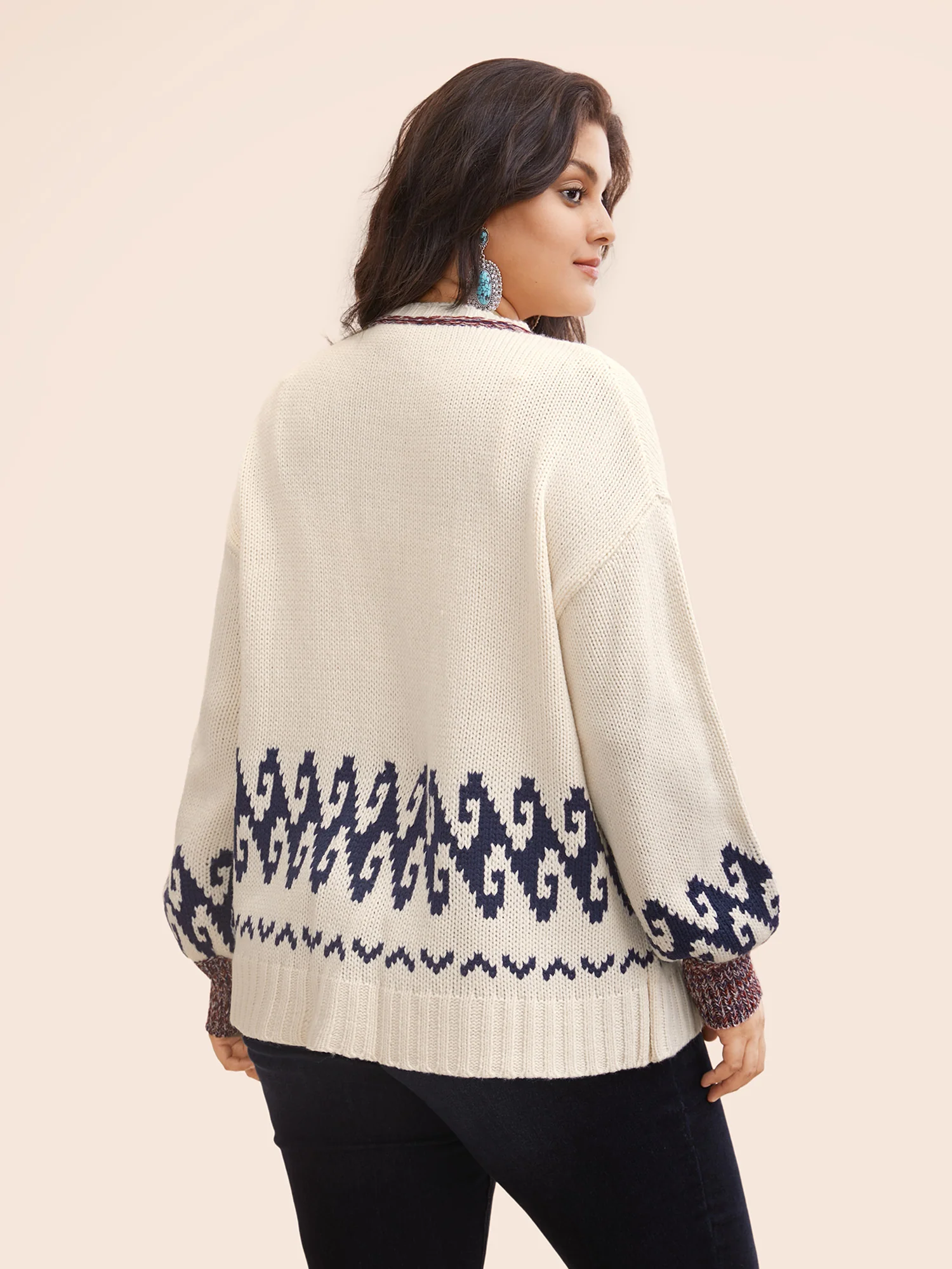 Fair Isle Balloon Sleeve Crew Neck Cardigan - Image 2
