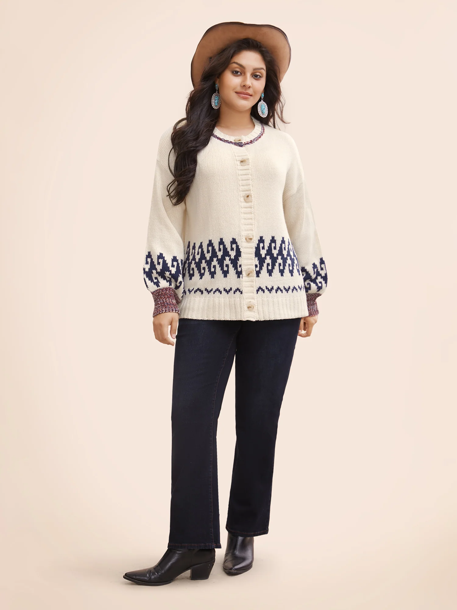 Fair Isle Balloon Sleeve Crew Neck Cardigan - Image 3