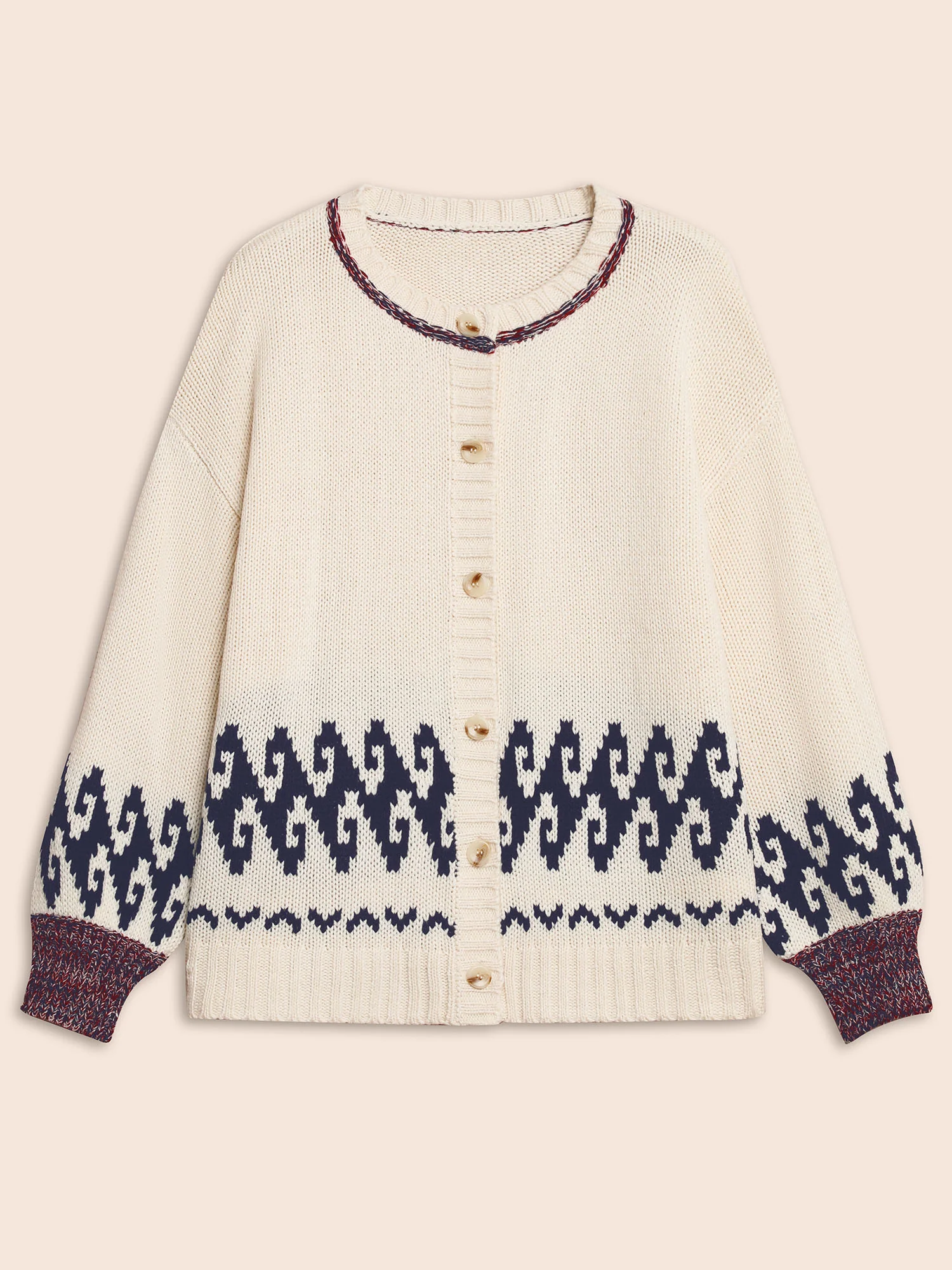 Fair Isle Balloon Sleeve Crew Neck Cardigan - Image 7