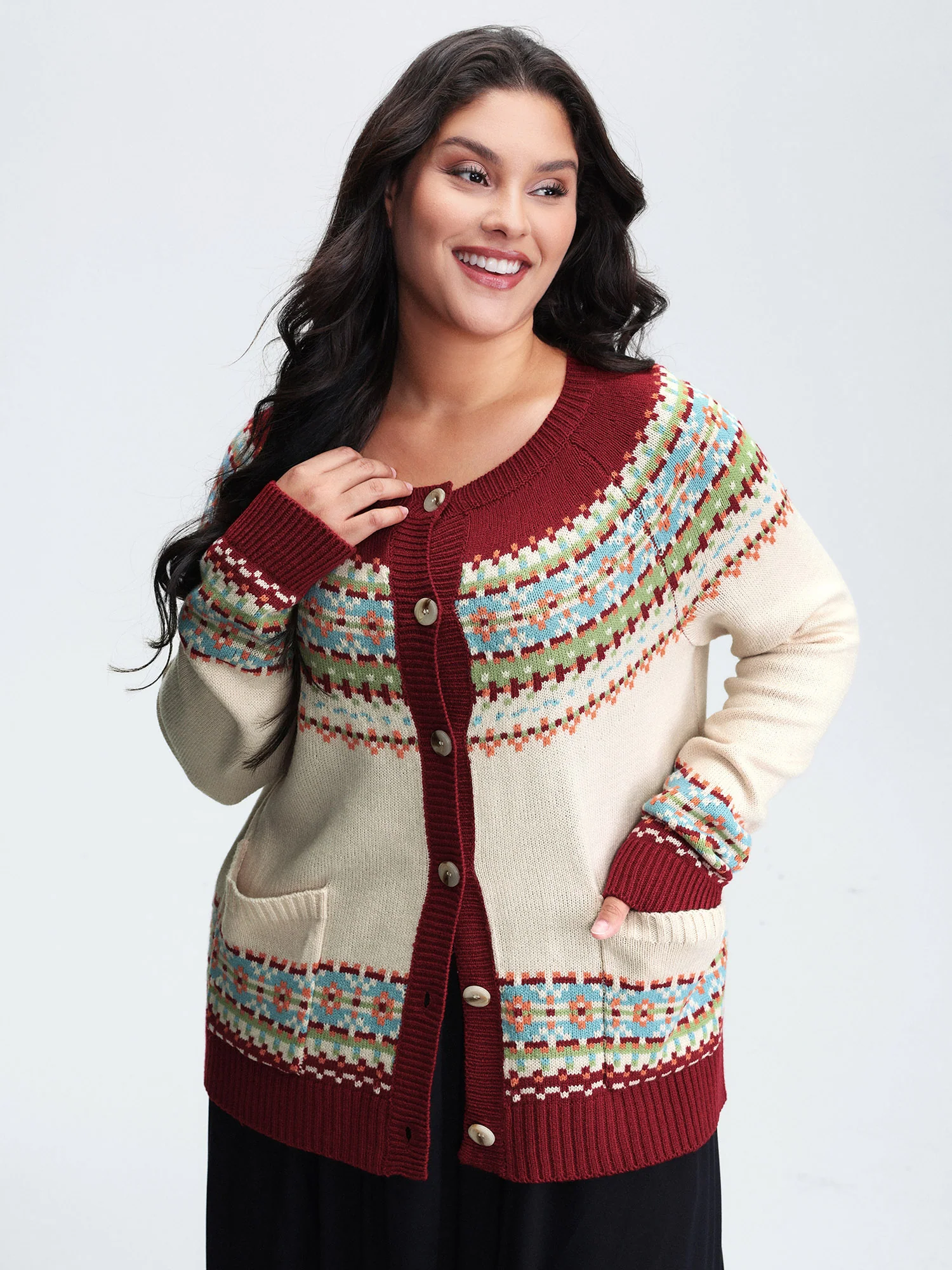Fair Isle Button-Front Pockets Cardigan - Image 2