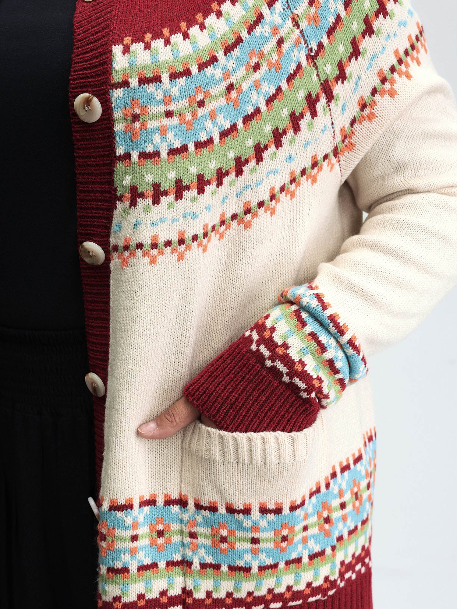 Fair Isle Button-Front Pockets Cardigan - Image 4