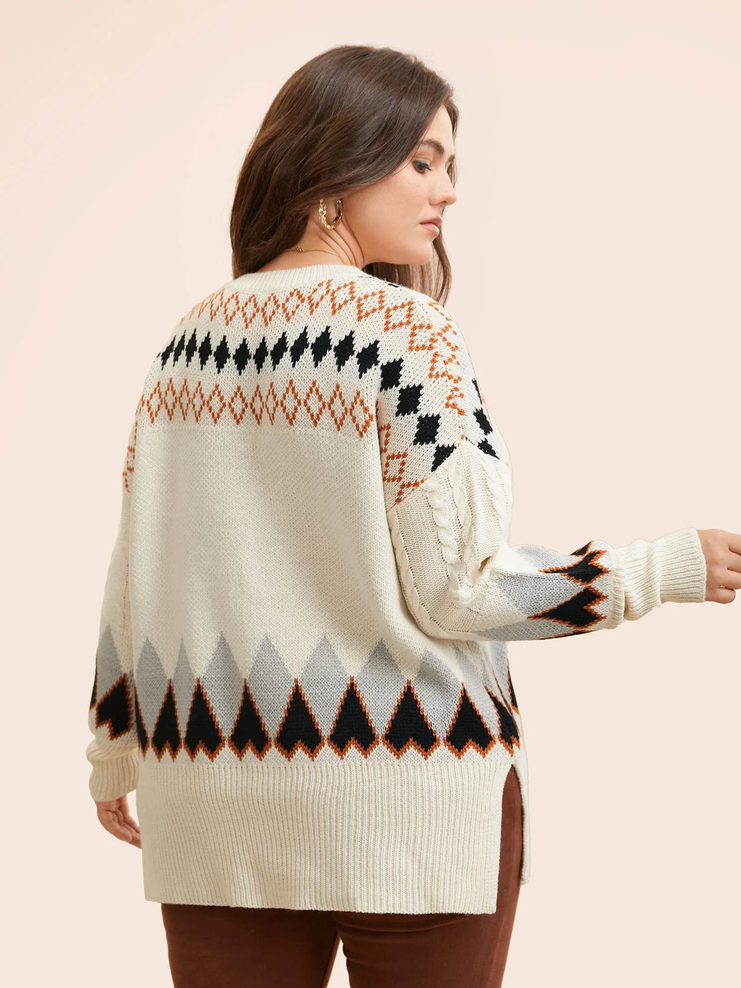 Fair Isle Crew Neck Split Hem Pullover - Image 2