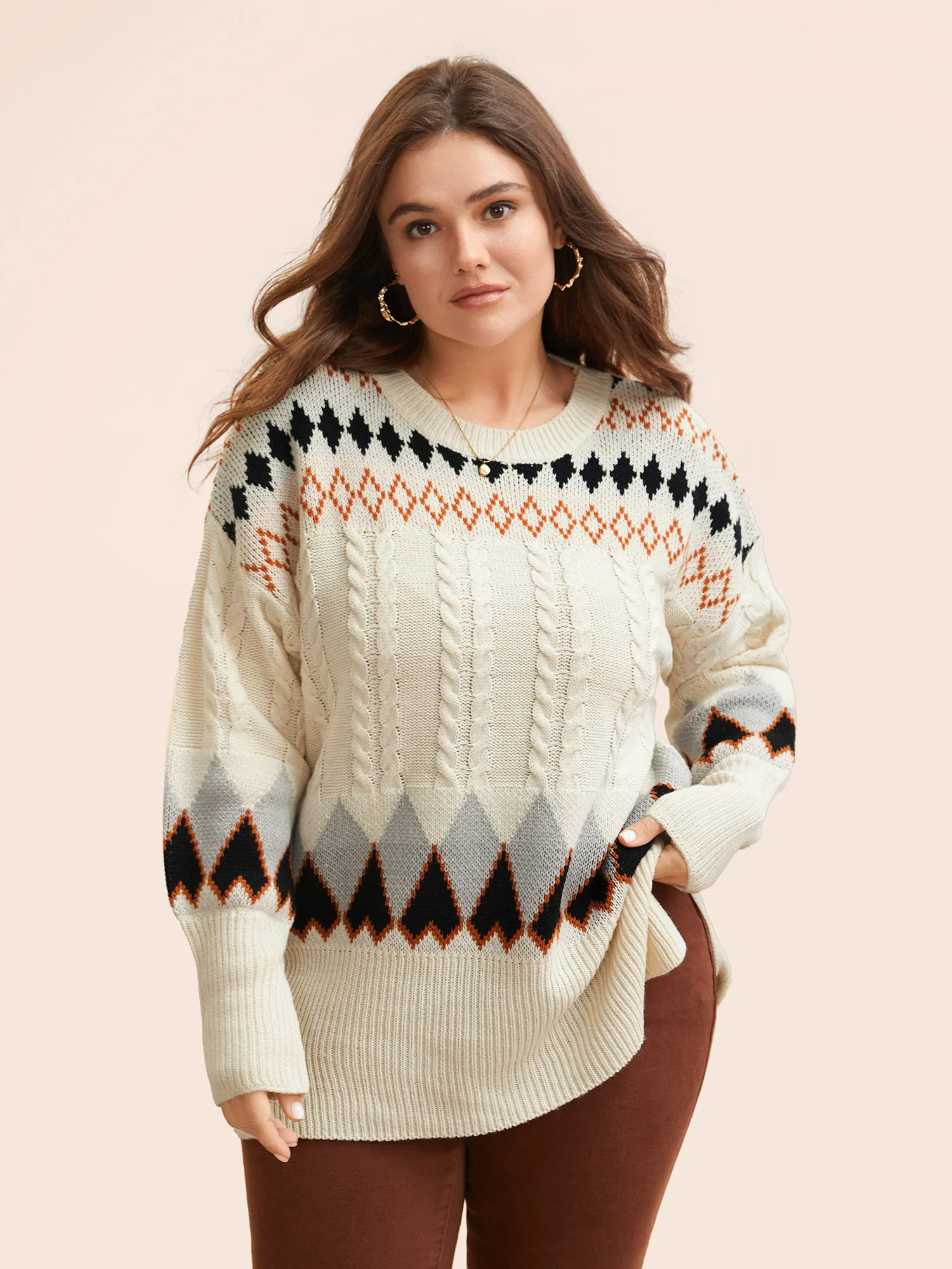 Fair Isle Crew Neck Split Hem Pullover - Image 3
