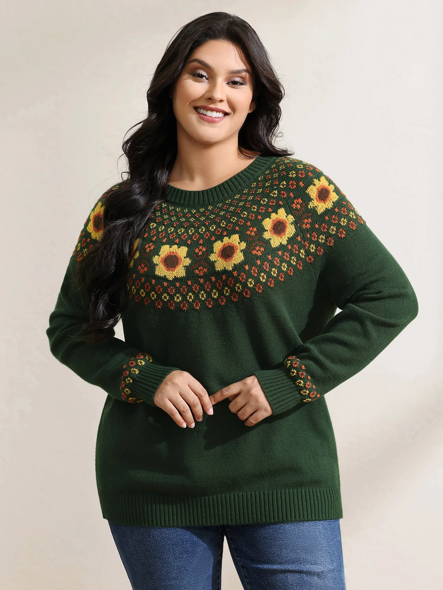 Fair Isle Floral Pattern Ribbed Hem Pullover - Image 2