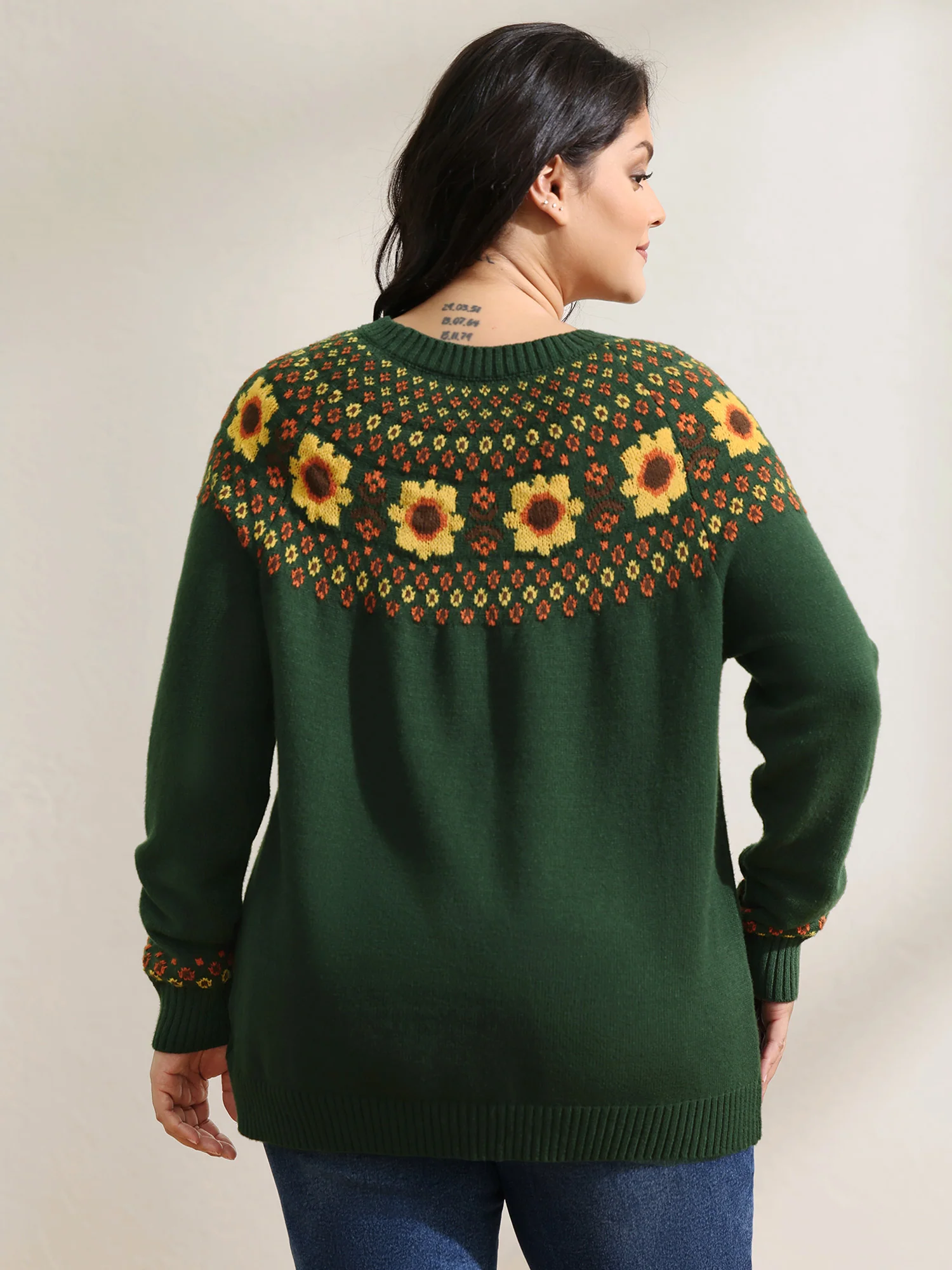 Fair Isle Floral Pattern Ribbed Hem Pullover - Image 4