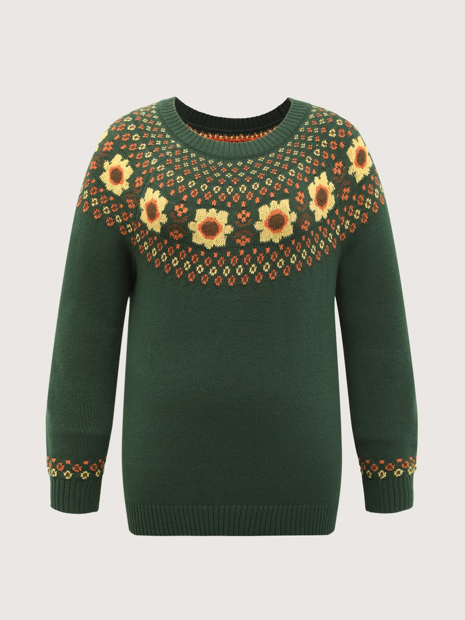 Fair Isle Floral Pattern Ribbed Hem Pullover - Image 7