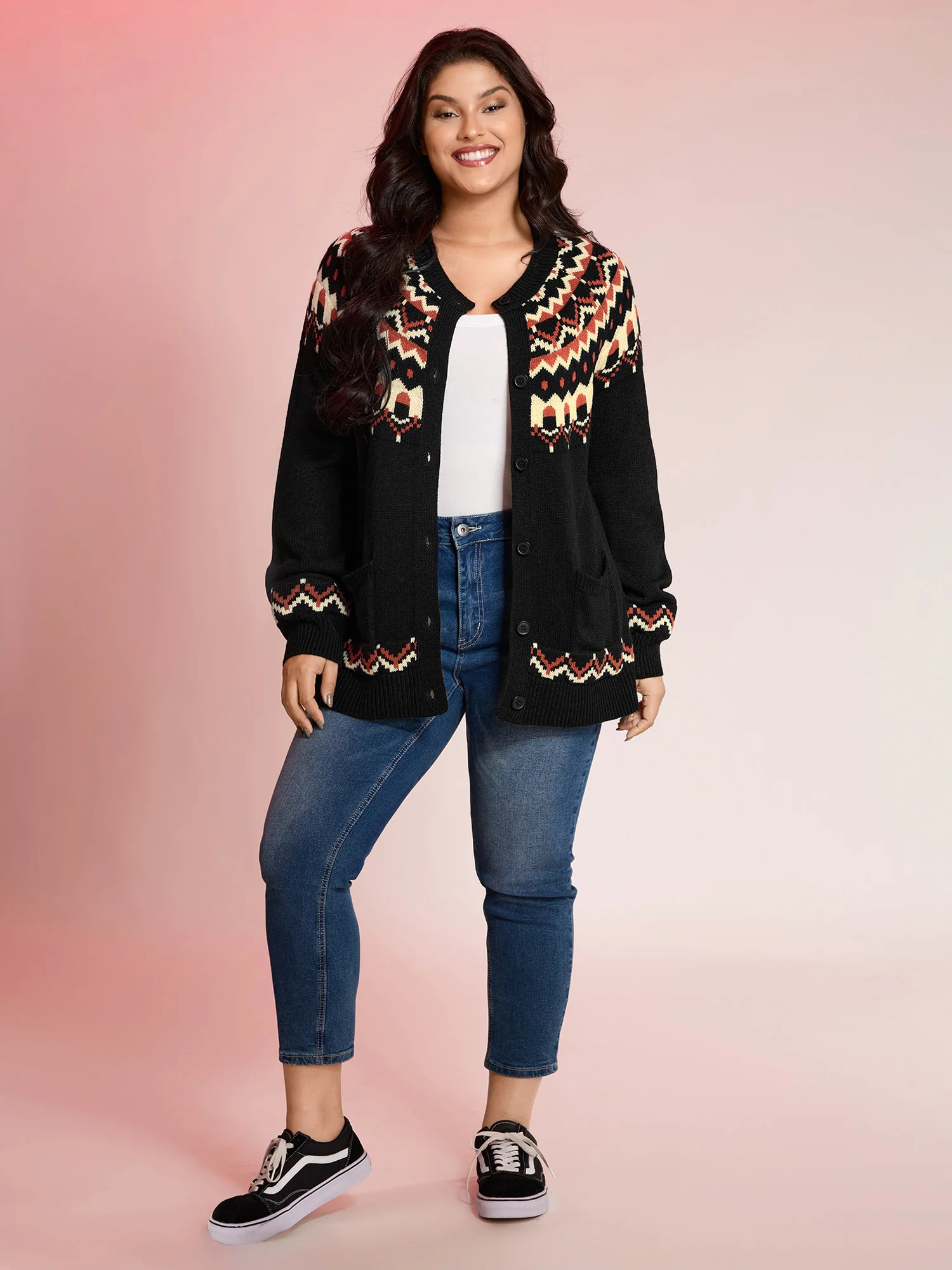Fair Isle Halloween Print Pockets Knit Cardigan - Image 3