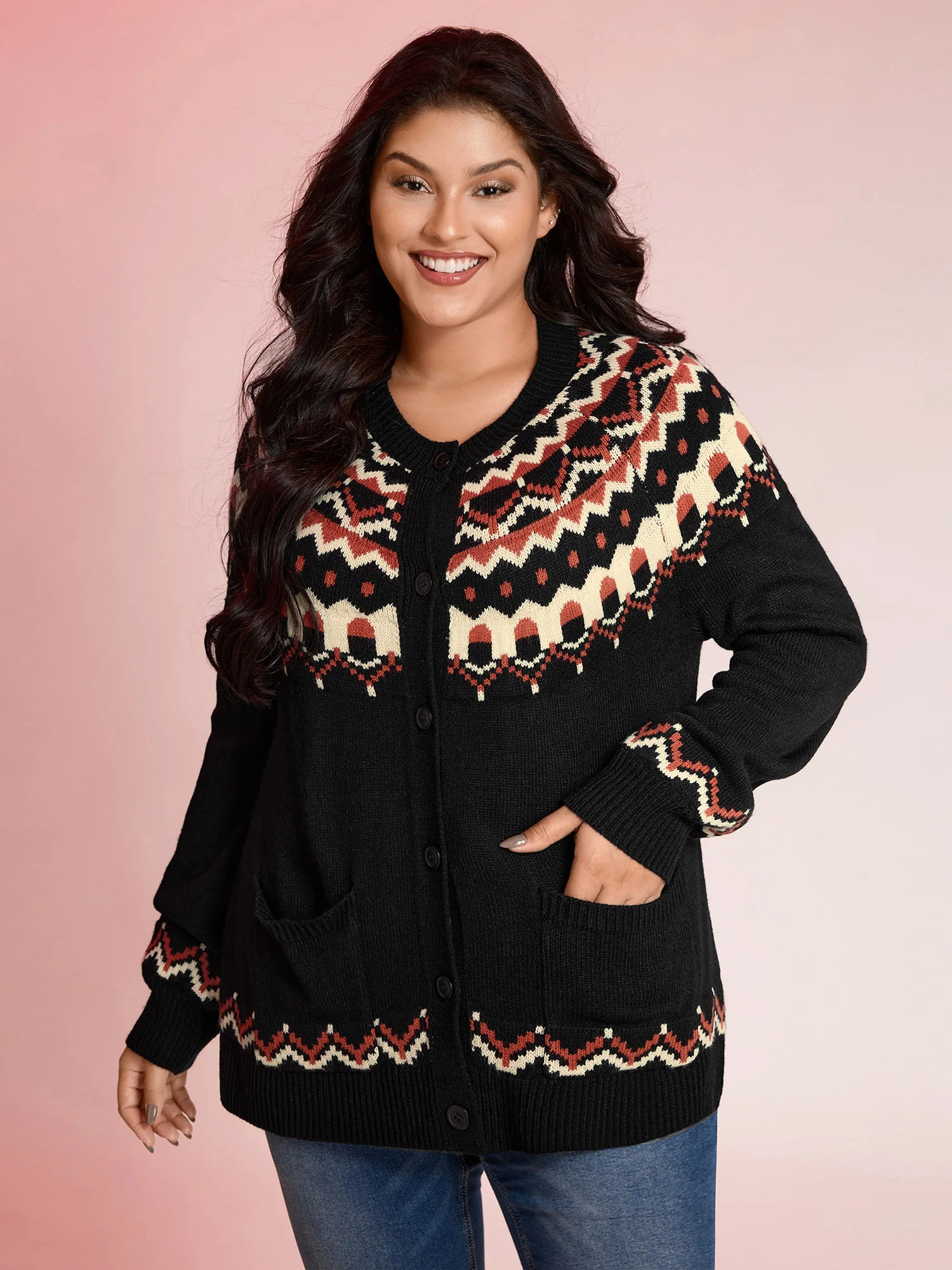 Fair Isle Halloween Print Pockets Knit Cardigan - Image 4