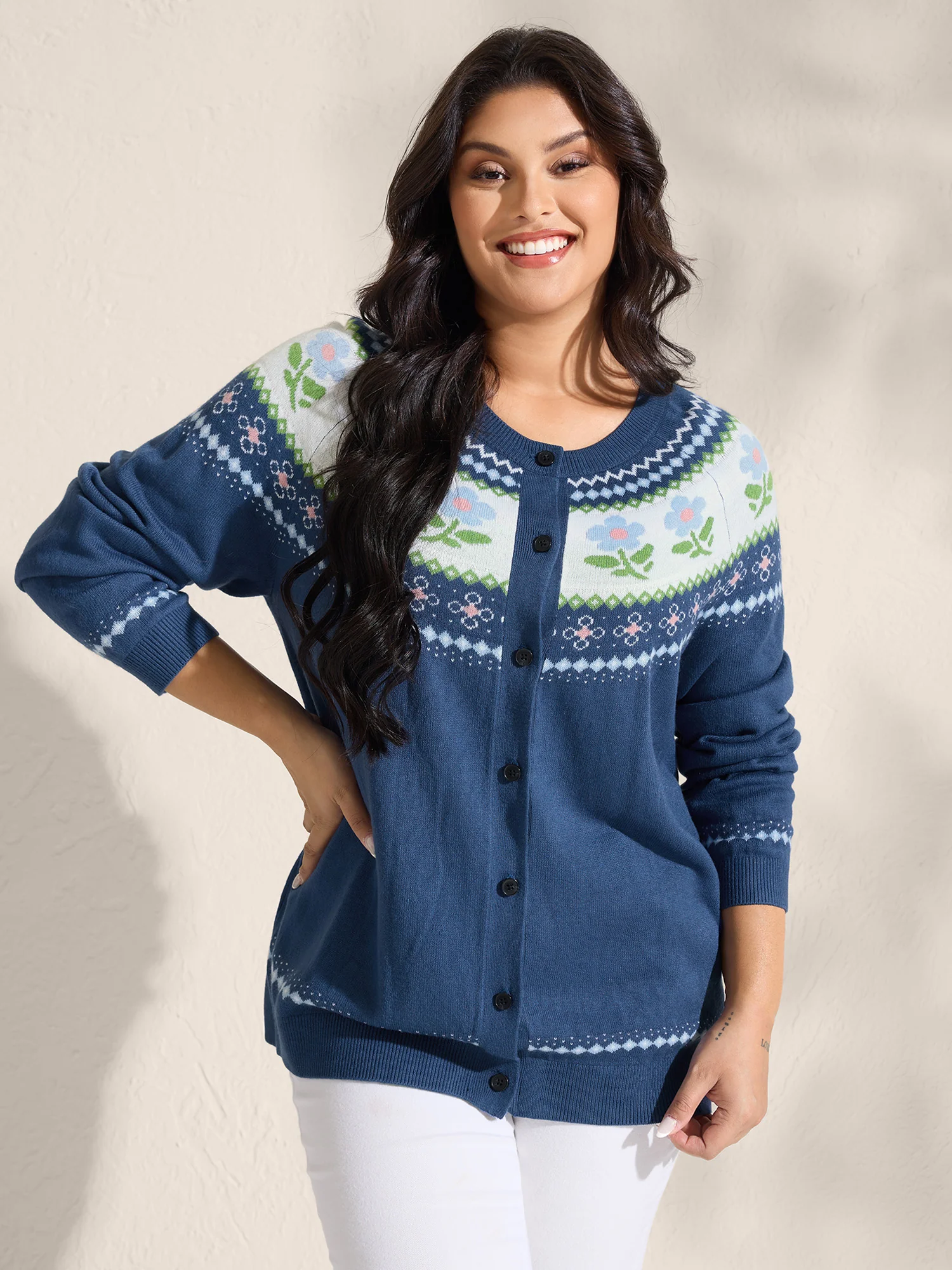 Fair Isle Jacquard Color Contrast Knit Cardigan - Image 3