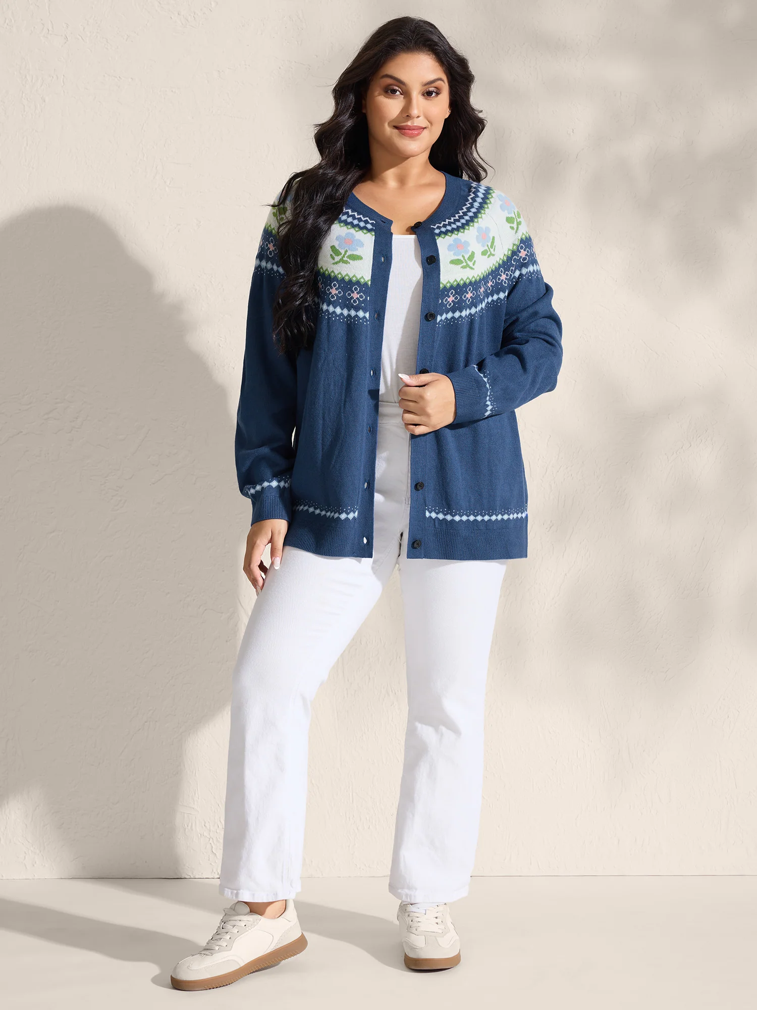 Fair Isle Jacquard Color Contrast Knit Cardigan - Image 4