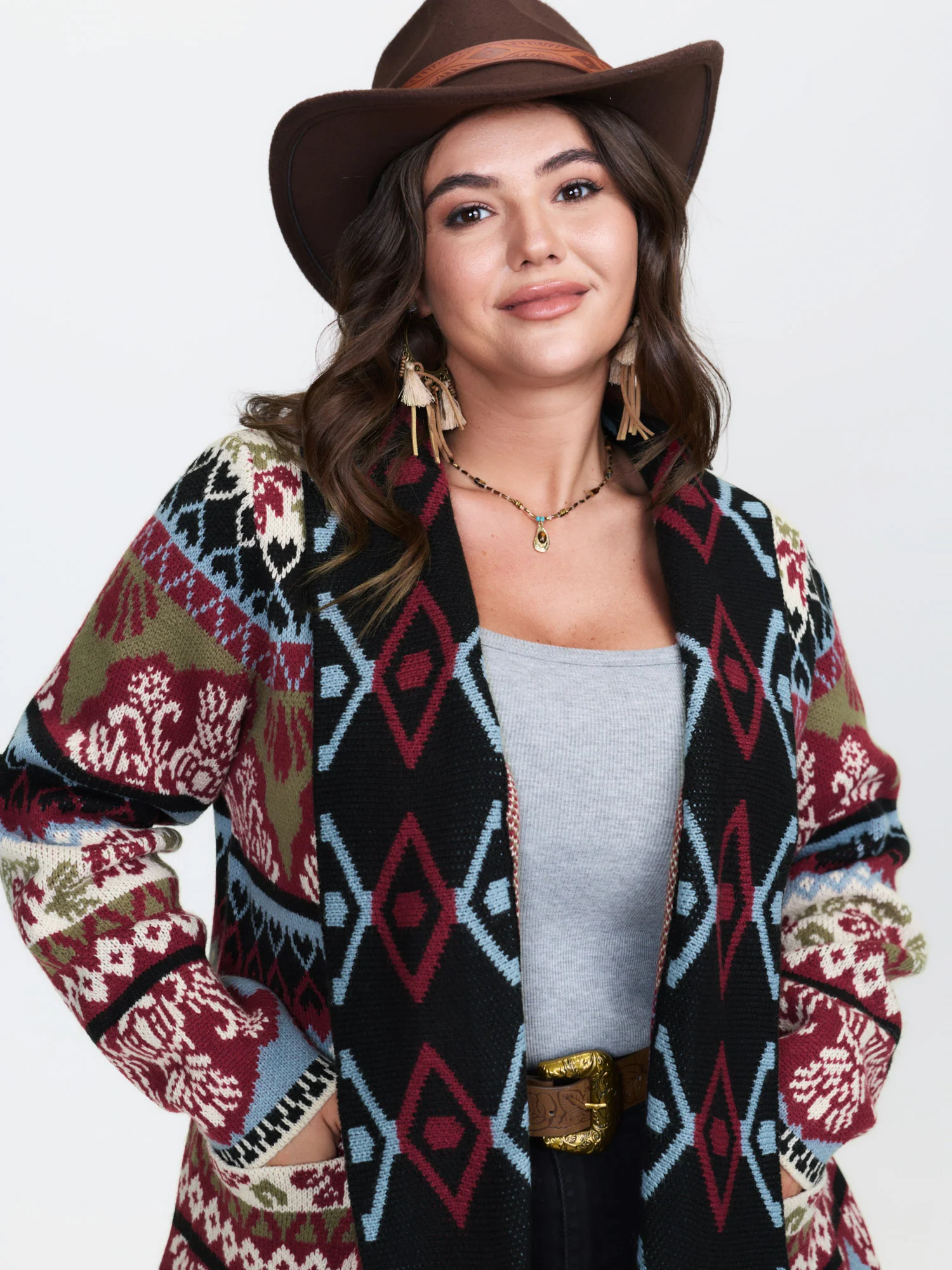 Fair-Isle Pattern Jacquard Fringes Knit Cardigan - Image 2