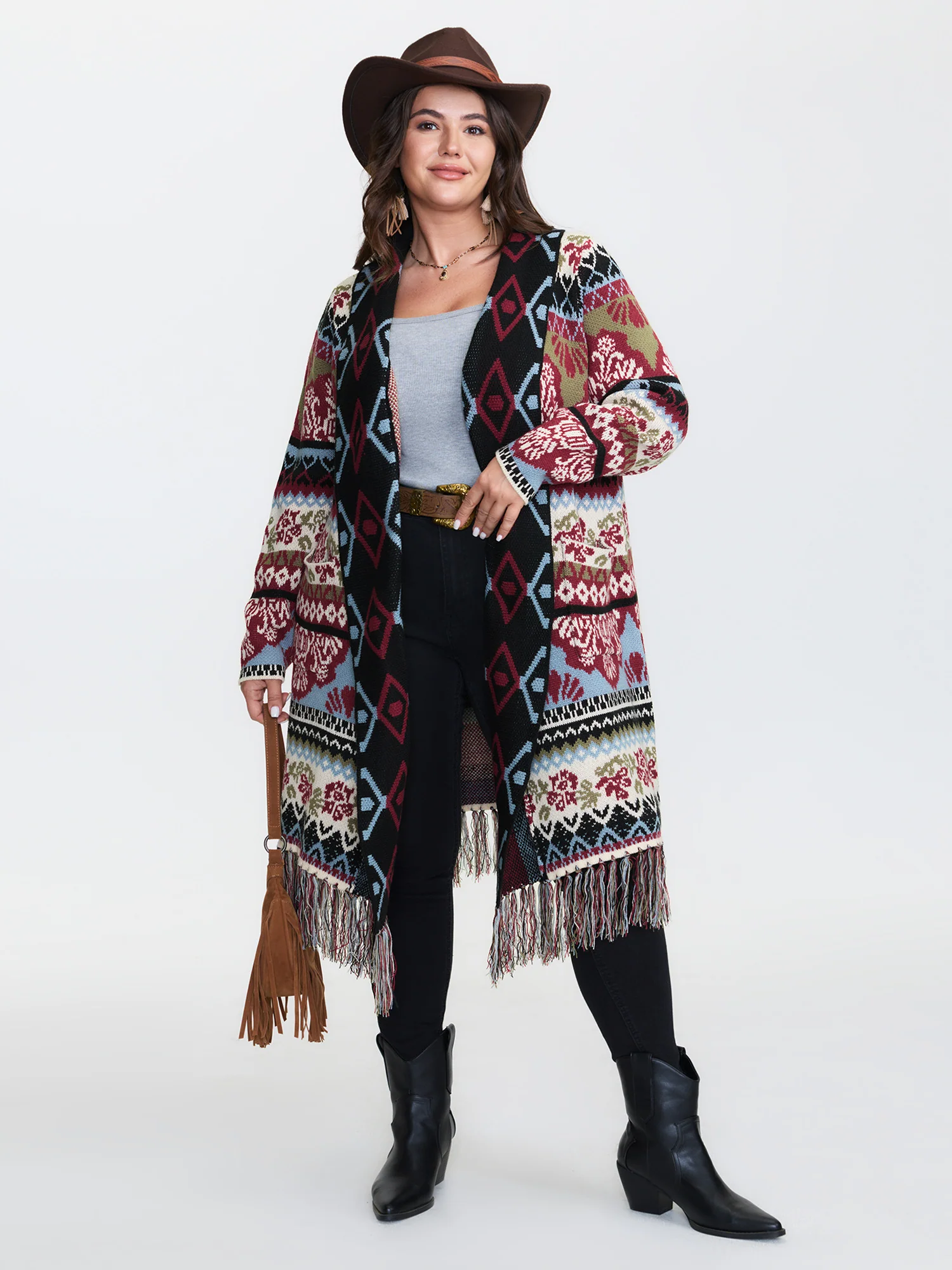 Fair-Isle Pattern Jacquard Fringes Knit Cardigan - Image 3