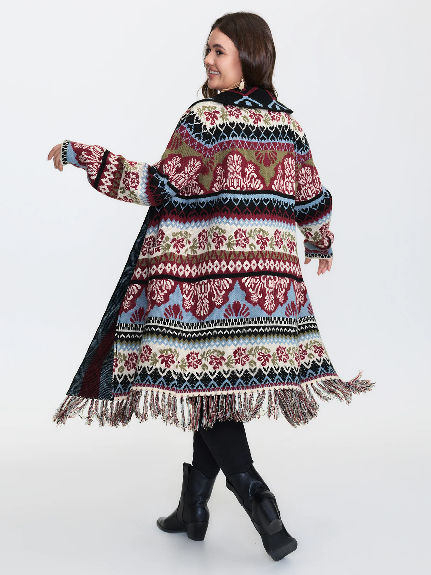 Fair-Isle Pattern Jacquard Fringes Knit Cardigan - Image 5
