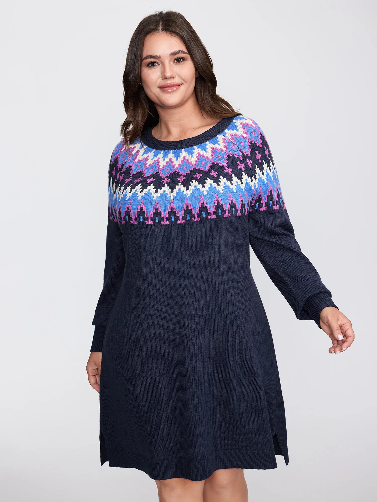 Fair-Isle Pattern Round Neck Sweater Dress - Image 3