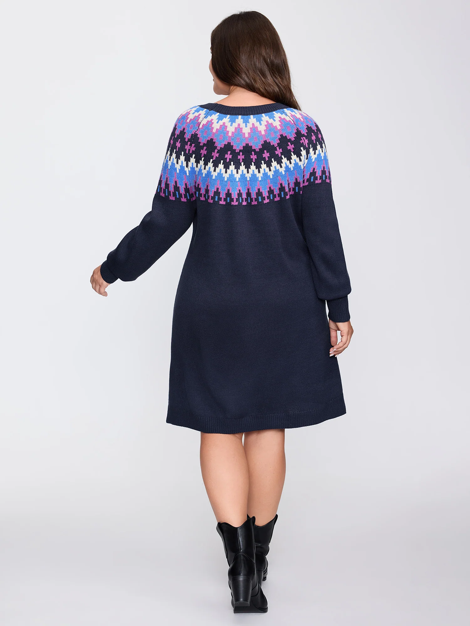 Fair-Isle Pattern Round Neck Sweater Dress - Image 4
