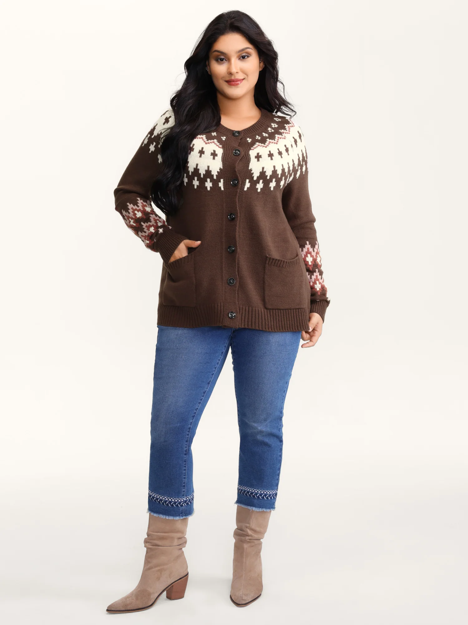Fair-Isle Yoke Button Knit Cardigan - Image 3