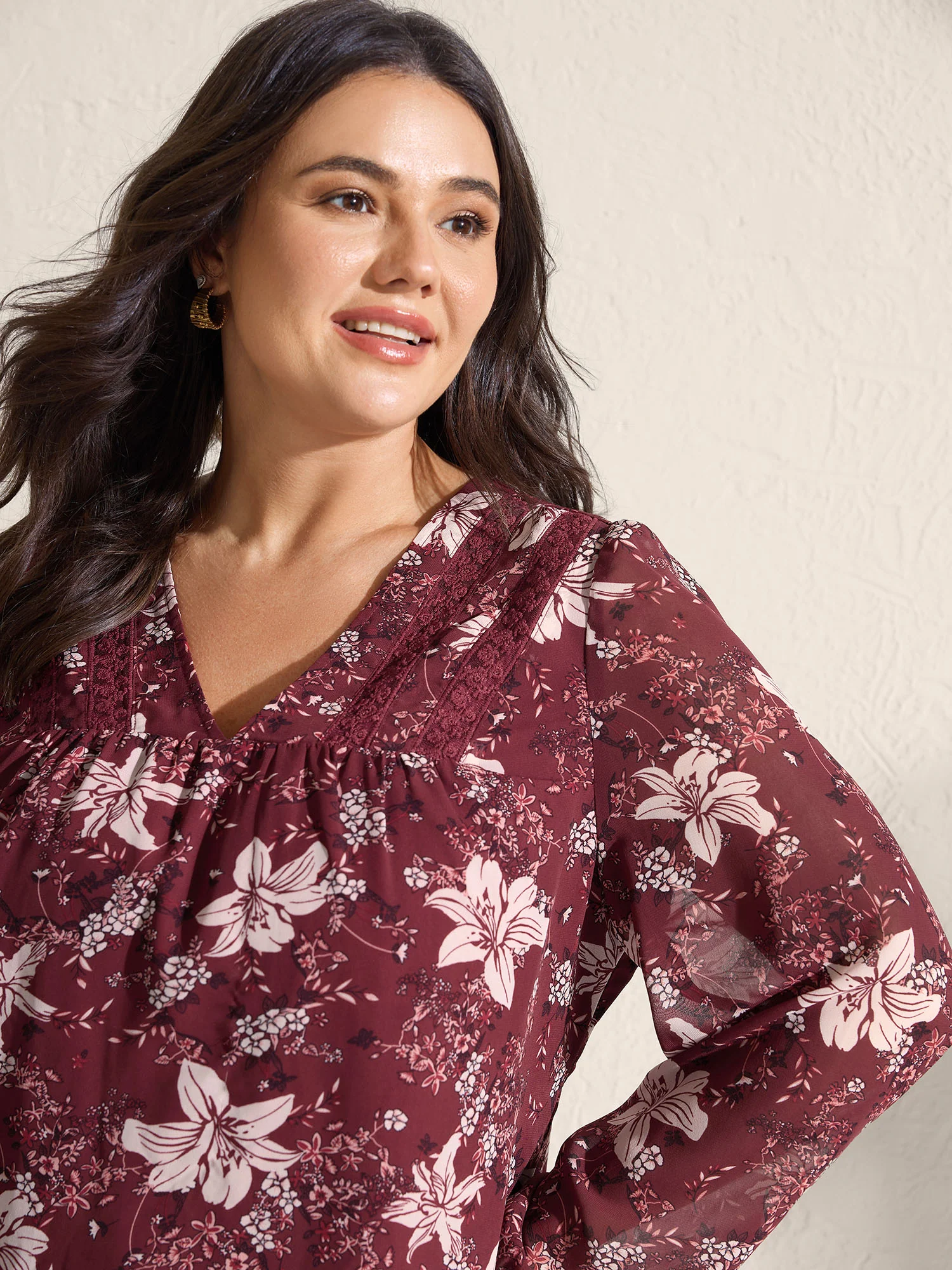 Fall Floral Print Lace Trim Blouse - Image 2