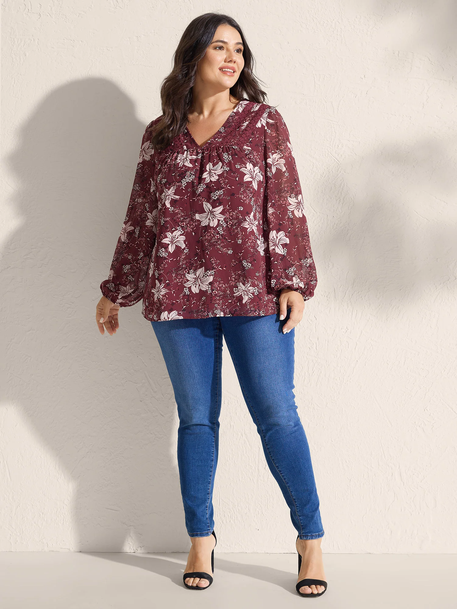 Fall Floral Print Lace Trim Blouse - Image 3