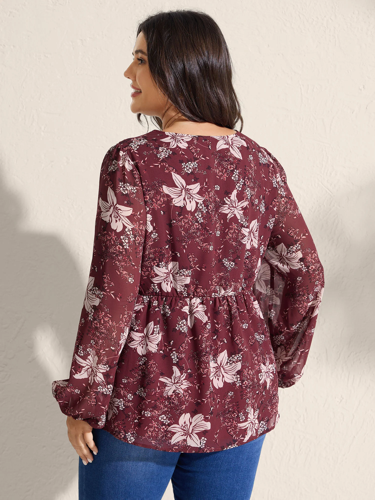 Fall Floral Print Lace Trim Blouse - Image 4