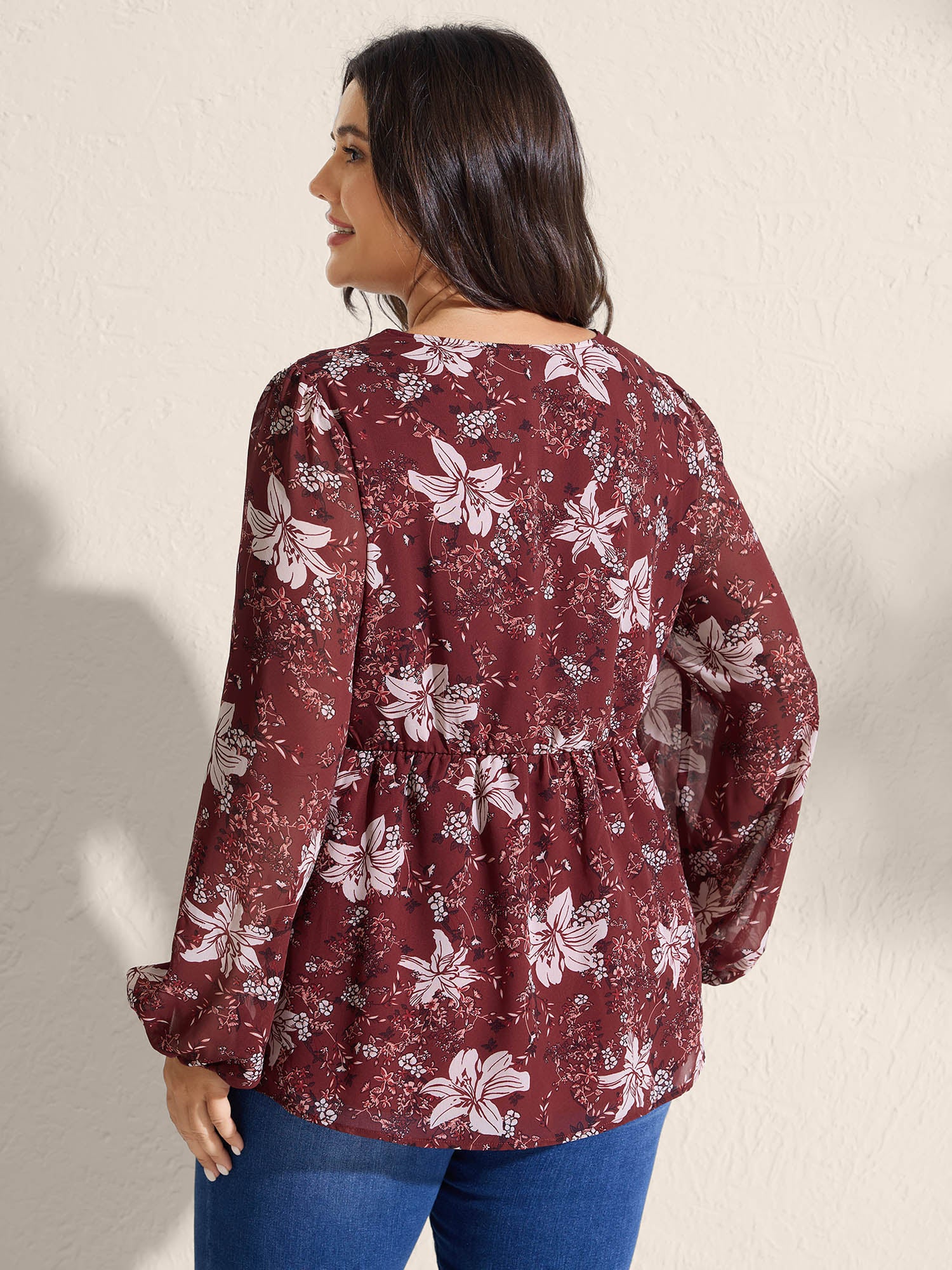 Fall Floral Print Lace Trim Blouse - Image 7